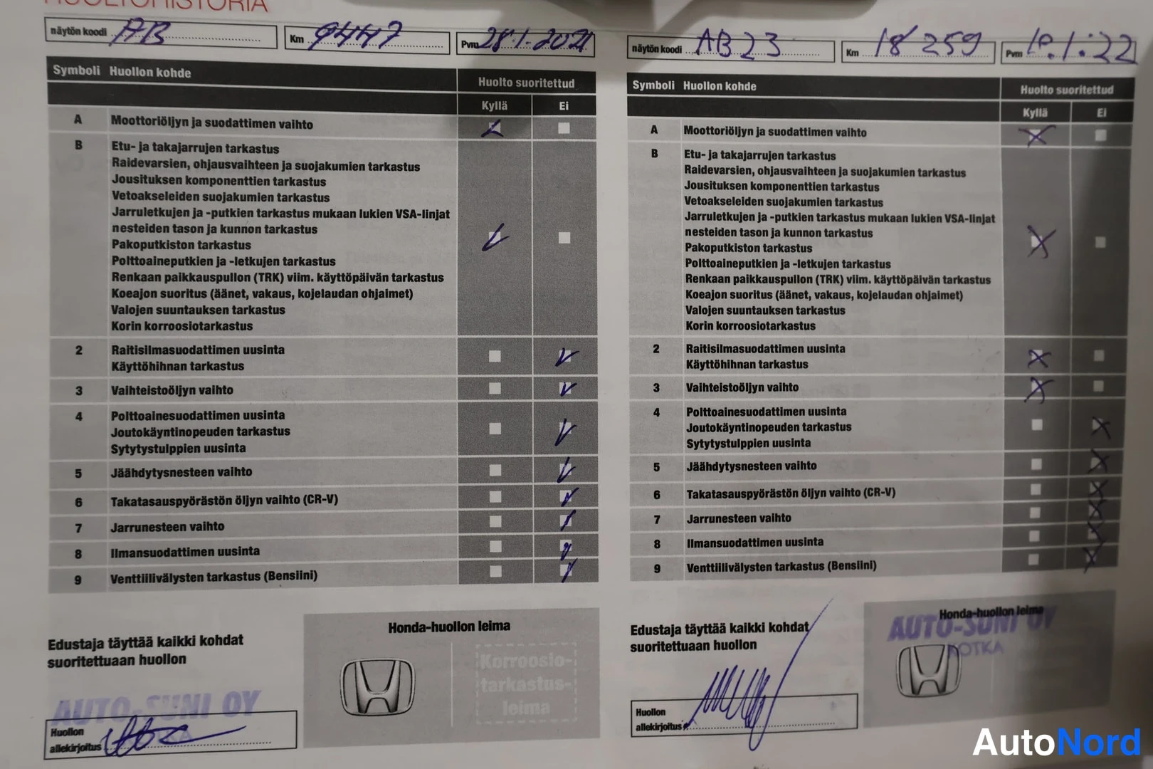 Muu: Huoltohistoria: kaksi Honda-huoltokirjan sivua, joissa merkintöjä vuosilta 2021–2022; nallejn koodeja PTB ja AB23, kilometrilukemat ja huoltokohtien rastit.