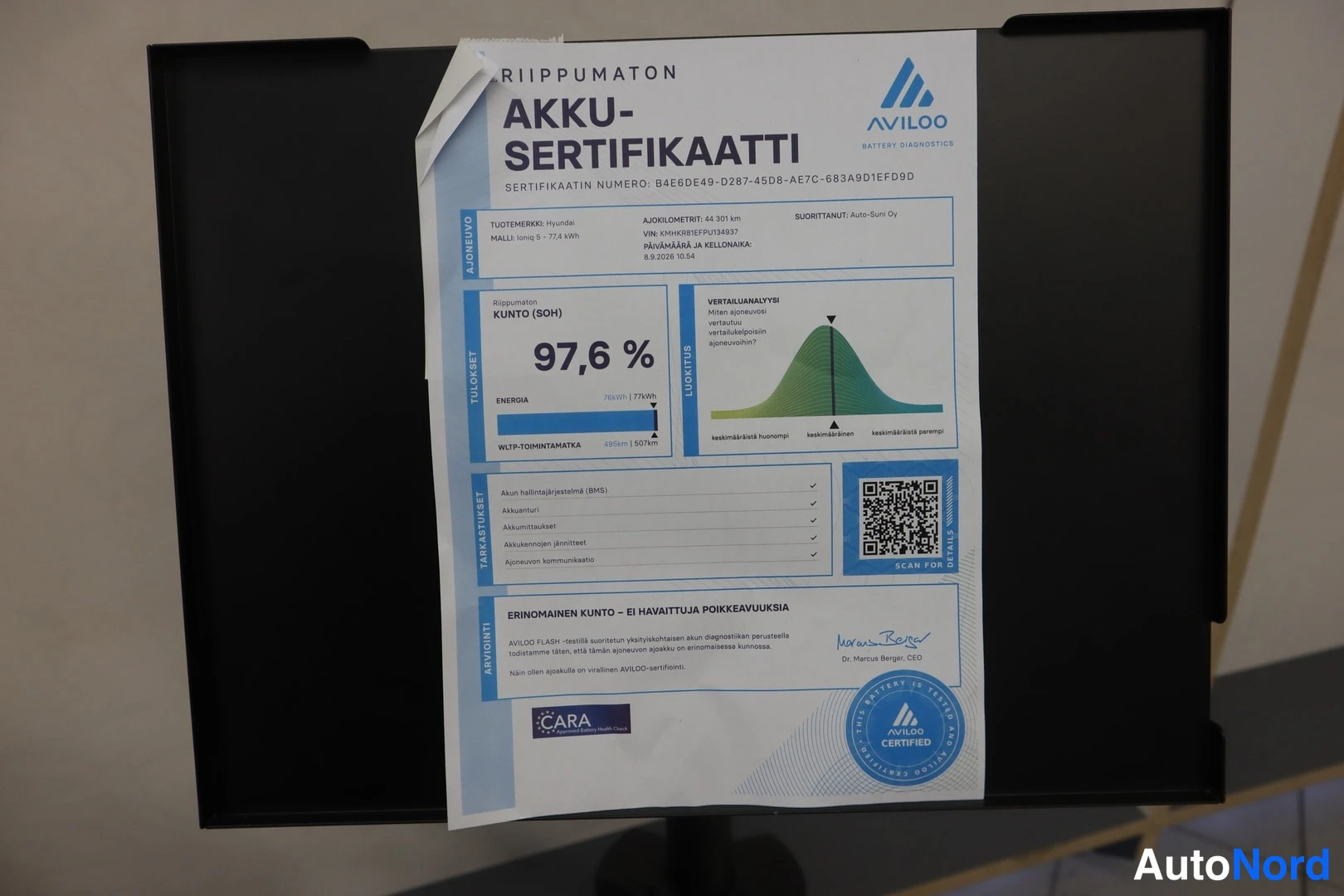 Yksityiskohta: Riippumaton Aviloo akkusertifikaatti Hyundai Ioniq 5 -autolle, kunto 97,6 %.