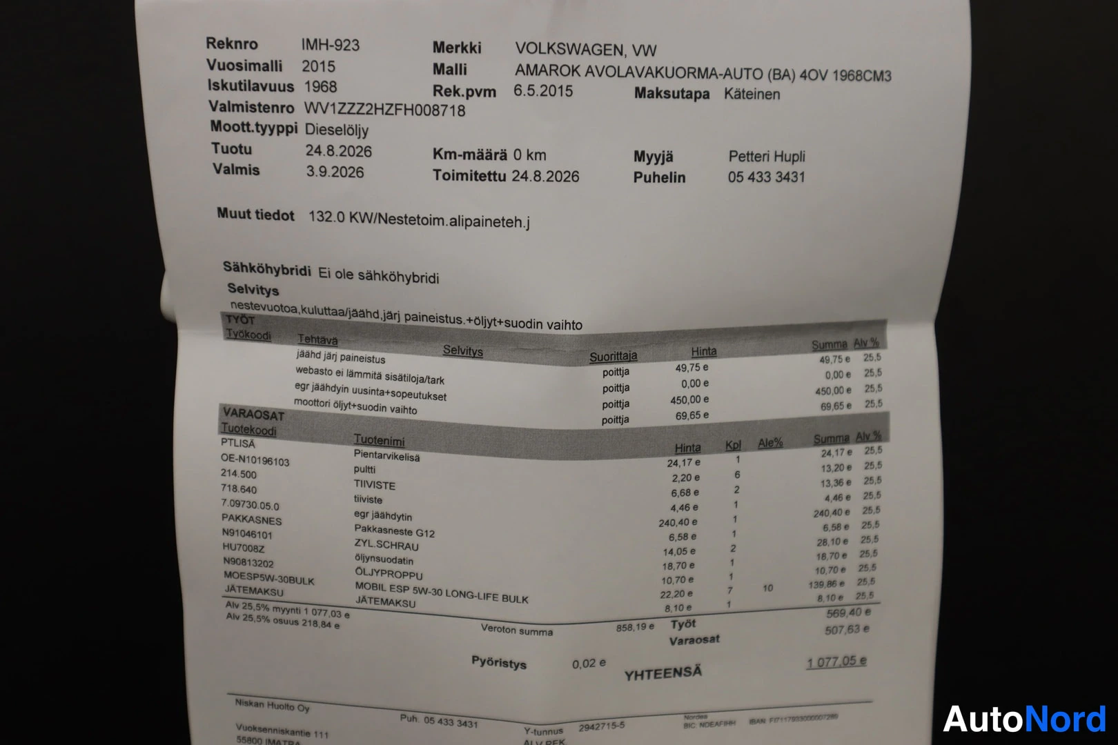 Muu: Rekisteriotelomake Volkswagen Amarok -huoltoilmoituksineen.