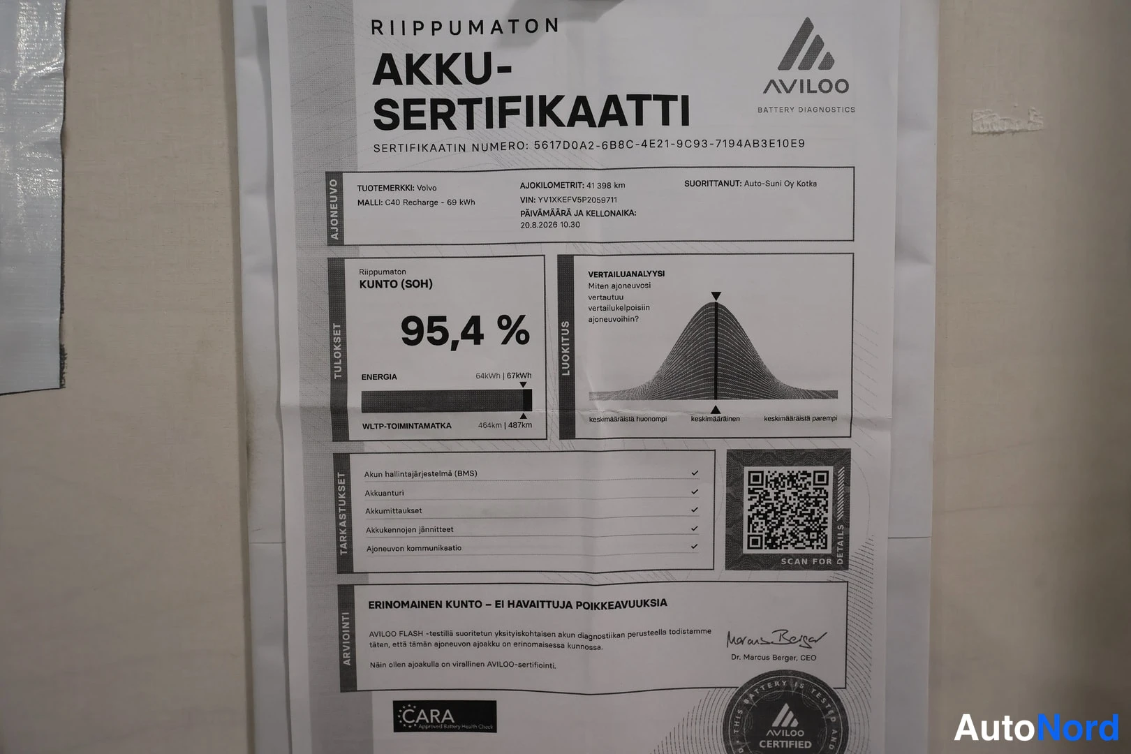 Yksityiskohta: AVILOO Akku-Sertifikaatti: riippumaton SOH 95,4 %, WLTP-toimitamatka 486 km, erinomainen kunto.