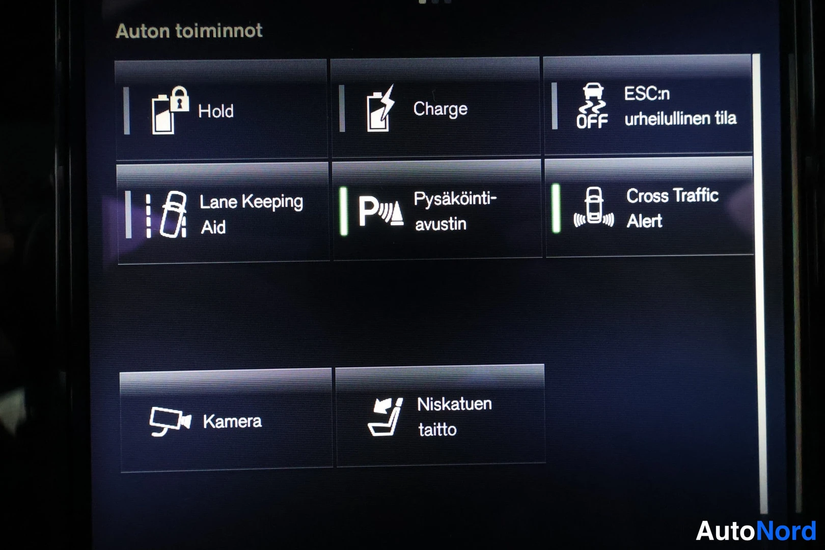 Muu: Auton näytön Auton toiminnot -valikko, jossa kuvakkeet Hold, Charge, ESC:n urheilullinen tila, Lane Keeping Aid, Pysäköintiavustin, Cross Traffic Alert, Kamera