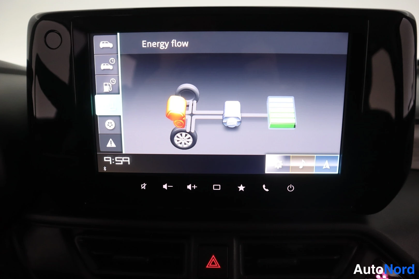 Yksityiskohta: Auton kojelaudan infotainment-näyttö, jolla näkyy Energy flow -näkymä moottorin ja akun symboleilla.