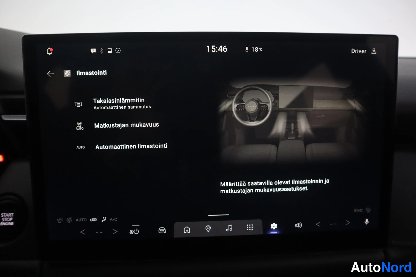 Muu: Ajoneuvon näytön Ilmastointi-valikko: Takalasinlämmitin (automaattinen sammutus), Matkustajan mukavuus, Automaattinen ilmastointi