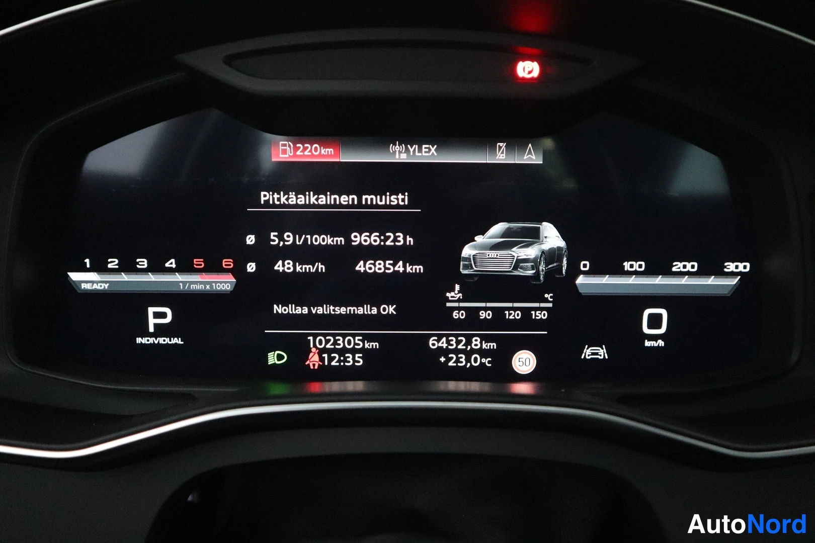 Muu: Digitaalinen kojelauta näyttää pitkäaikaismuistin: kesikulutus 5,9 l/100km, kokonaiskilometrit 102305 km ja ajomatka 6432,8 km.