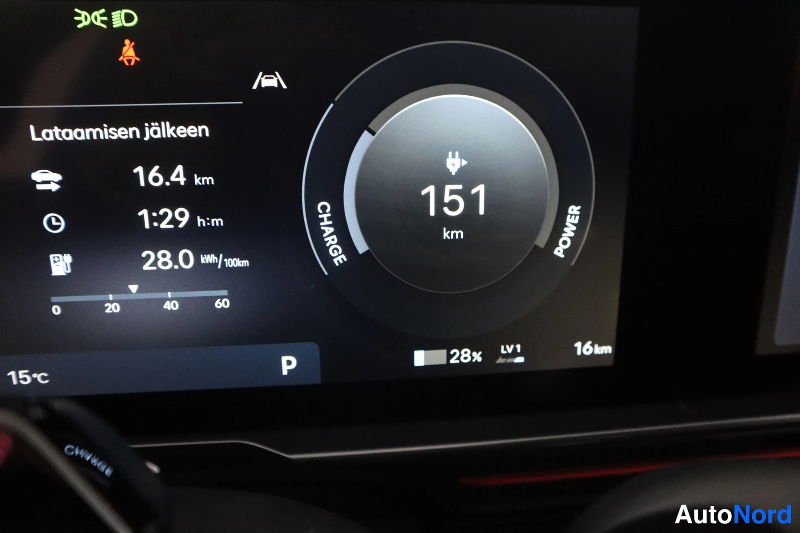 Yksityiskohta: Kokonaan digitaalinen mittaristo: virtapistoke-merkki, lukee 151 km, lataustietoja tekstillä Lataamisen jälkeen. Ajoaika 1:29 h:m ja kulutus 28.0 kWh/100km. Akk