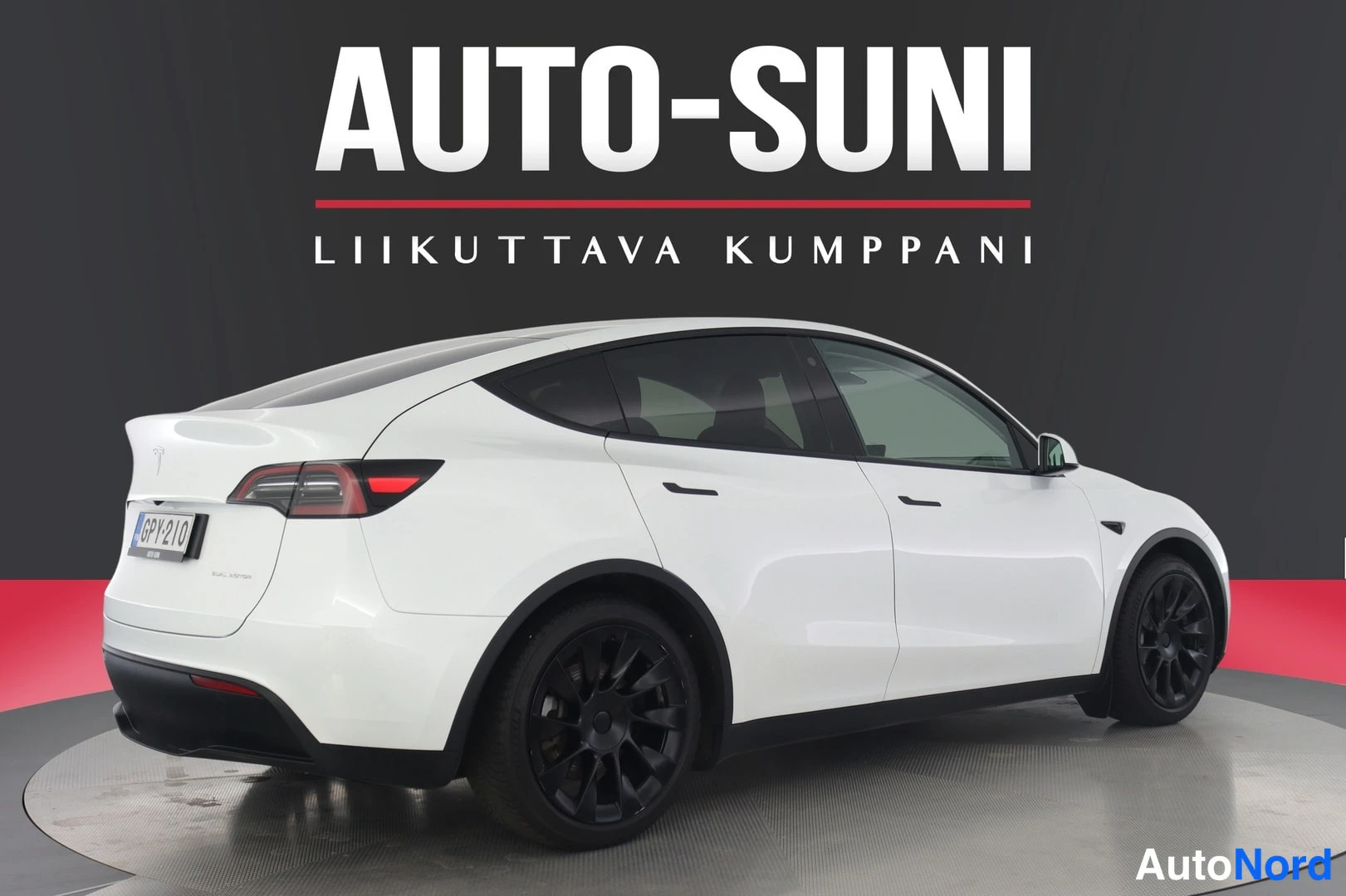 Takaviisto: Valkoinen Tesla Model Y takaokoliskuvassa; rekisterikilpi, tummat ikkunat ja mustat vanteet.