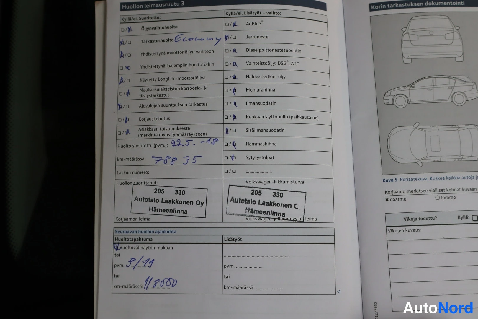 Asiakirja: Huoltokirjan sivu: huollon leimausruutu 3, huolto suoritettu 22.5.2019, kilometrimäärä 97835, suorittanut Autotalo Laakkonen Oy Hämeenlinna.
