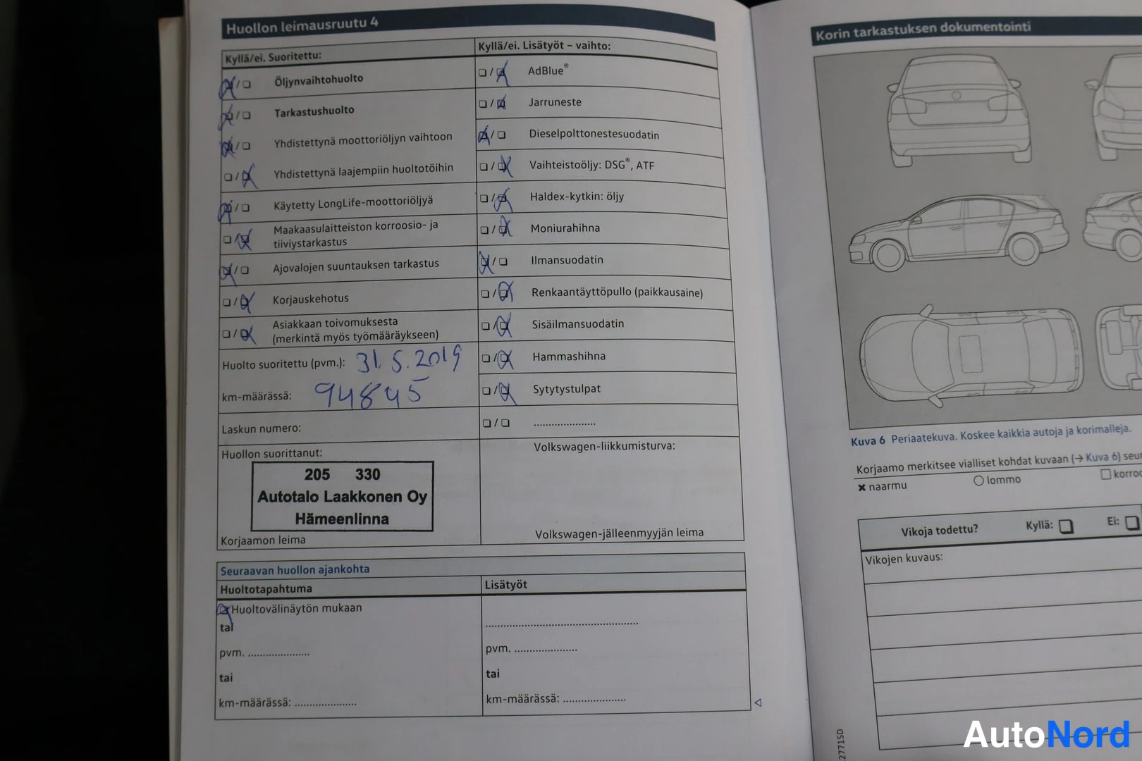 Muu: Huoltokirjan sivu: huollon leimausrutu 4, käsin merkitty huolto 31.5.2019 ja 94845 km, huoltoliike Autotalo Laakkonen Oy Hämeenlinna.