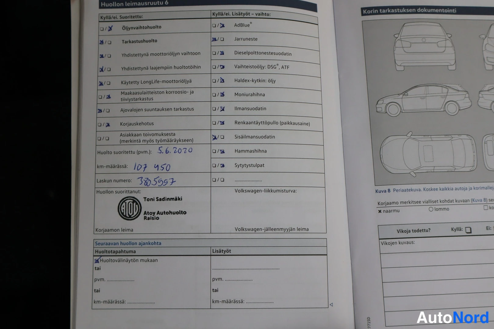 Muu: Huoltokirjan sivu: huollon leimausrutu 6, käsin merkitty huolto 5.6.2020 ja 107450 km, huoltoliike Toni Sedinmäki Atay Autohuolto Raisio.
