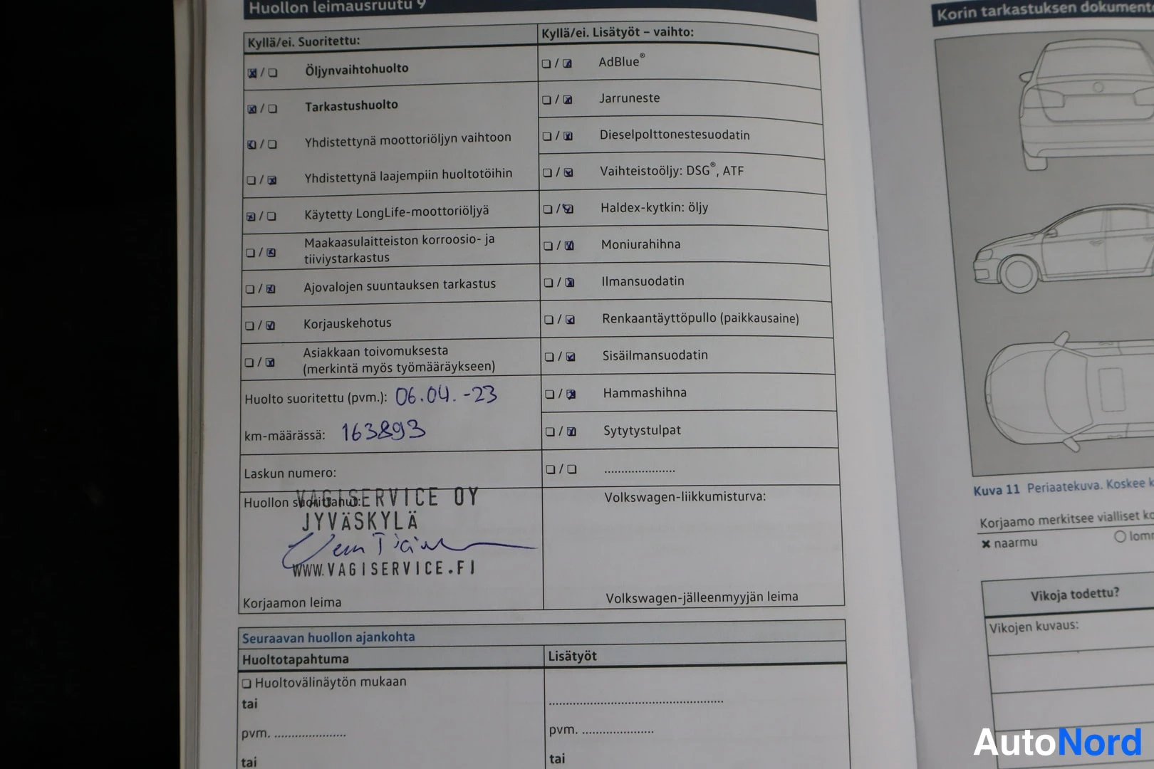 Asiakirja: Huollon leimausruutu 9 huoltokirjassa, huolto suoritettu 06.04.-23 km-määrässä 163893, VAG-SERVICE OY Jyväskylä