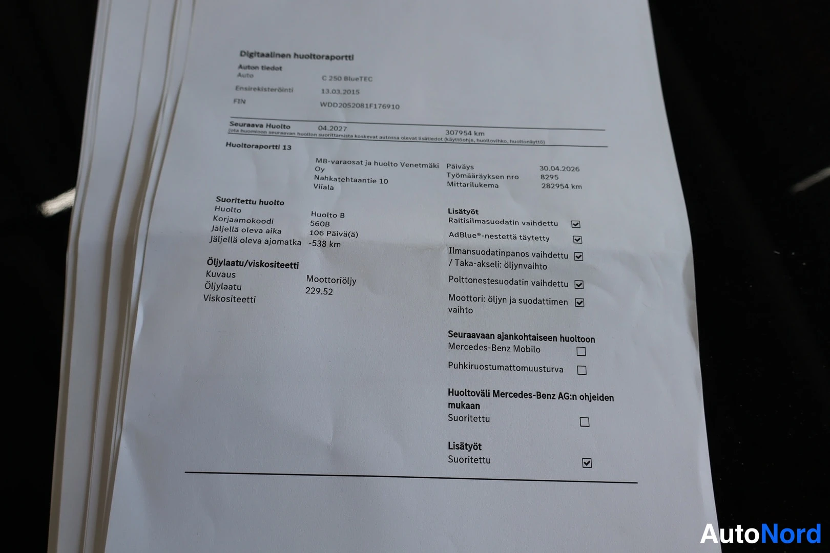 Muu: Digitaalinen huoltoraportti Mercedes-Benz C 250 BlueTEC -autolle, huolto 13.03.2015, mittarilukema 282954 km.