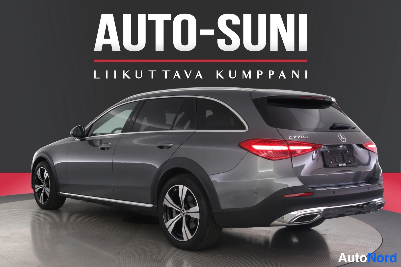 Takaviisto: Auton takakulma ja vasen sivu näkyvät; kori on harmaa. Takaovessa lukee 'C 220 d'. Näkyvät takavalot, rekisterikilven paikka, takapuskuri, pakoputket ja pyörät.