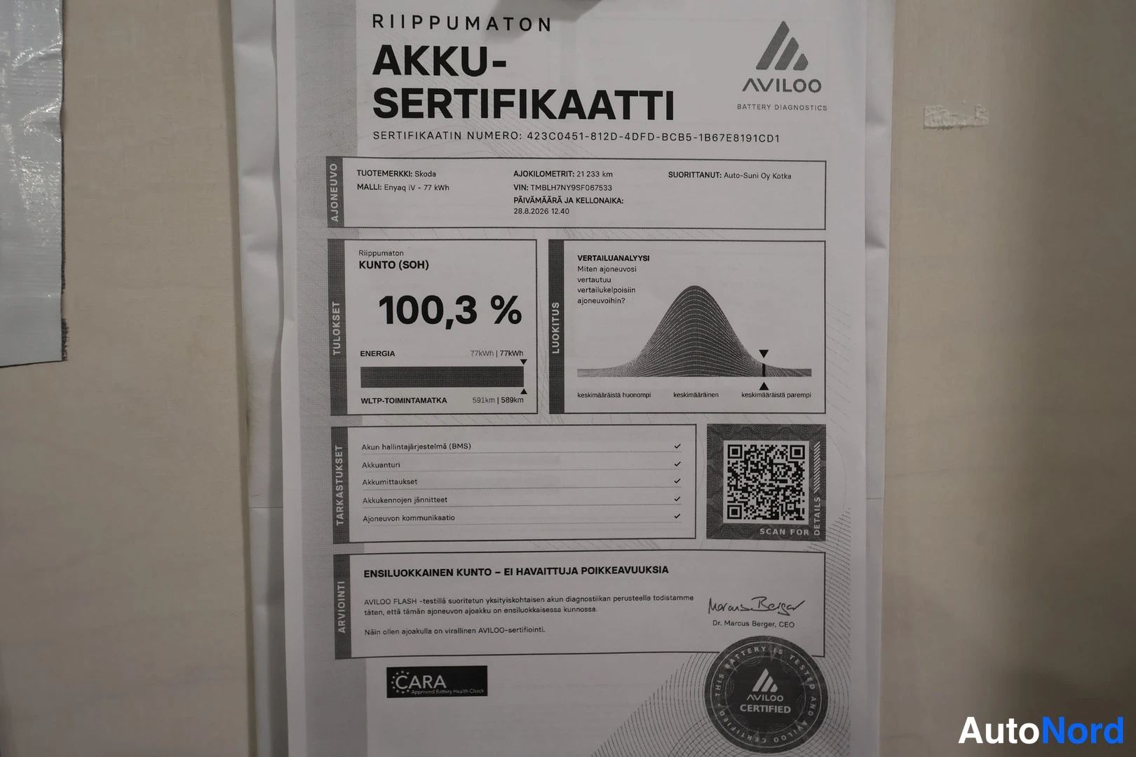 Muu: Aviloo Akku-Sertifikaatti -asiakirja, jossa akun kunto 100,3 %, ajetut kilometrit 21 233 km ja Wltp-toteutunutta matkaa 581 km / 585 km.