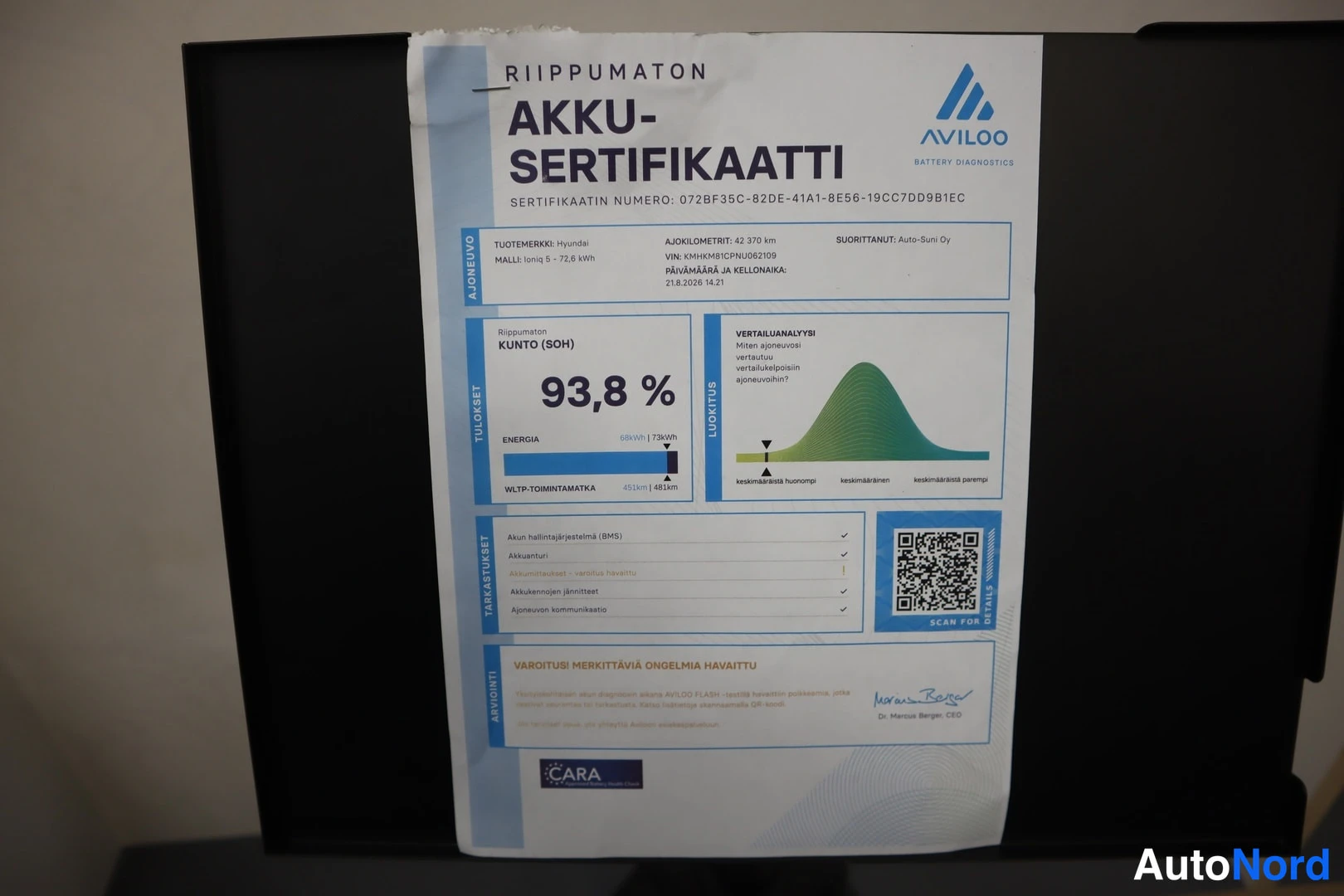 Muu: Riippumaton akkusertifiikaatti Aviloolta: kunto (SOH) 93,8 %, akkulukema 42 370 km.