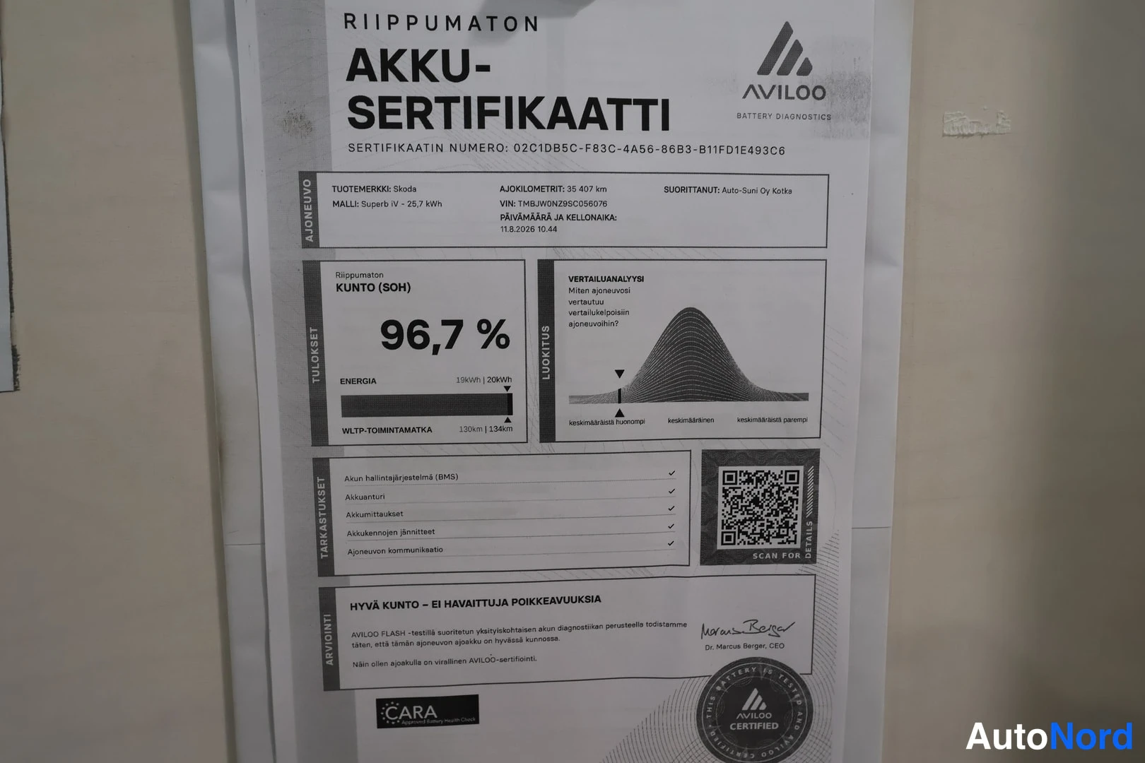 Yksityiskohta: AVILOO akku-sertifikaatti, Skoda Superb iV 25,7 kWh, SOH 96,7 %, ajokilometrit 35407 km, 18.5.2026