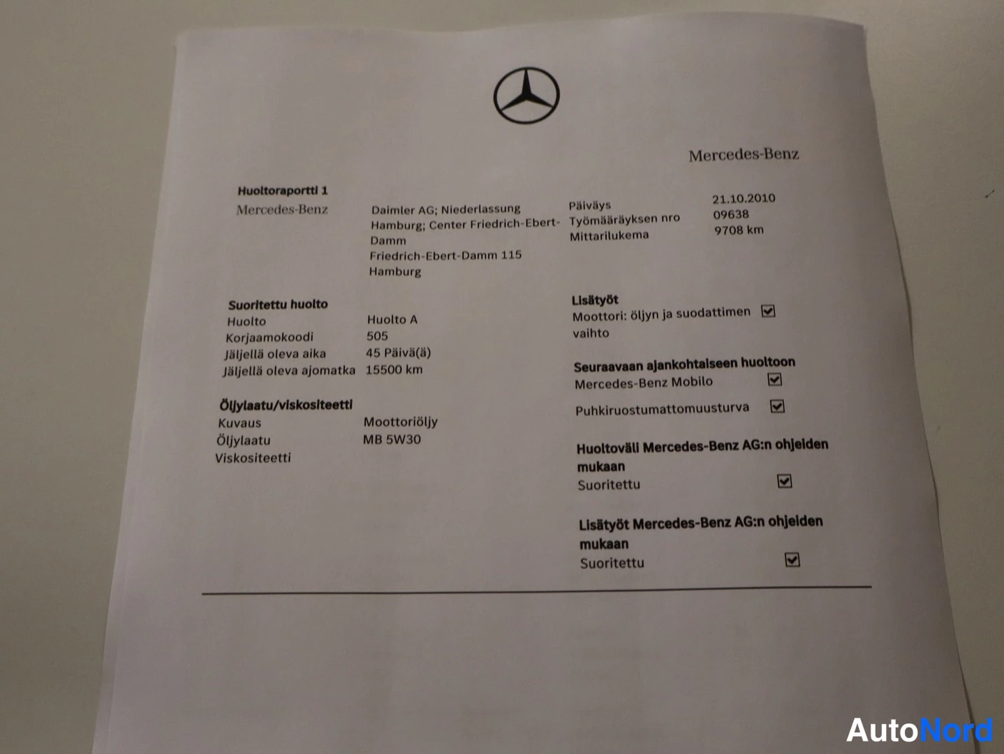 Asiakirja: Mercedes-Benzin huoltoraportti 1 vuodelta 2010, huolto A 9708 km:n mittarilukemalla.