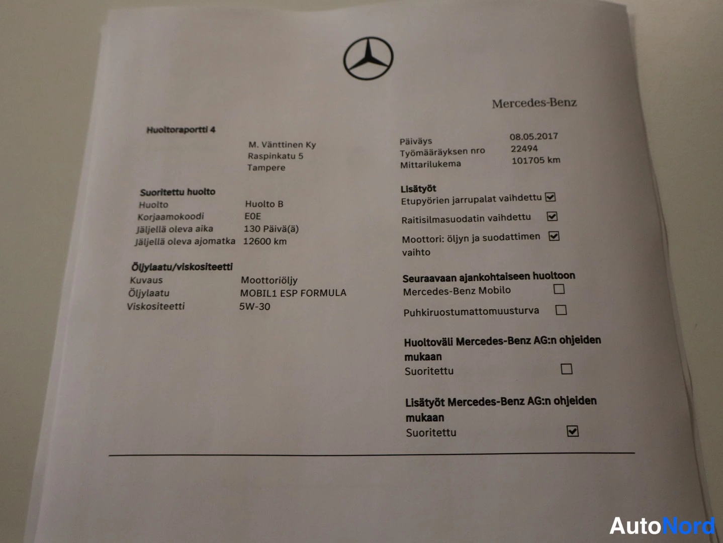 Asiakirja: Mercedes-Benzin huoltoraportti 4, huolto B päiväys 08.05.2017, mittarilukema 101705 km.