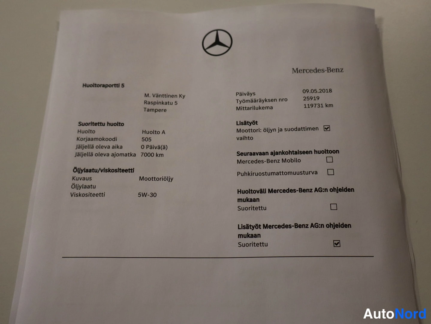 Asiakirja: Mercedes-Benzin huoltoraportti 5, huolto A päiväys 09.05.2018, mittarilukema 119731 km.