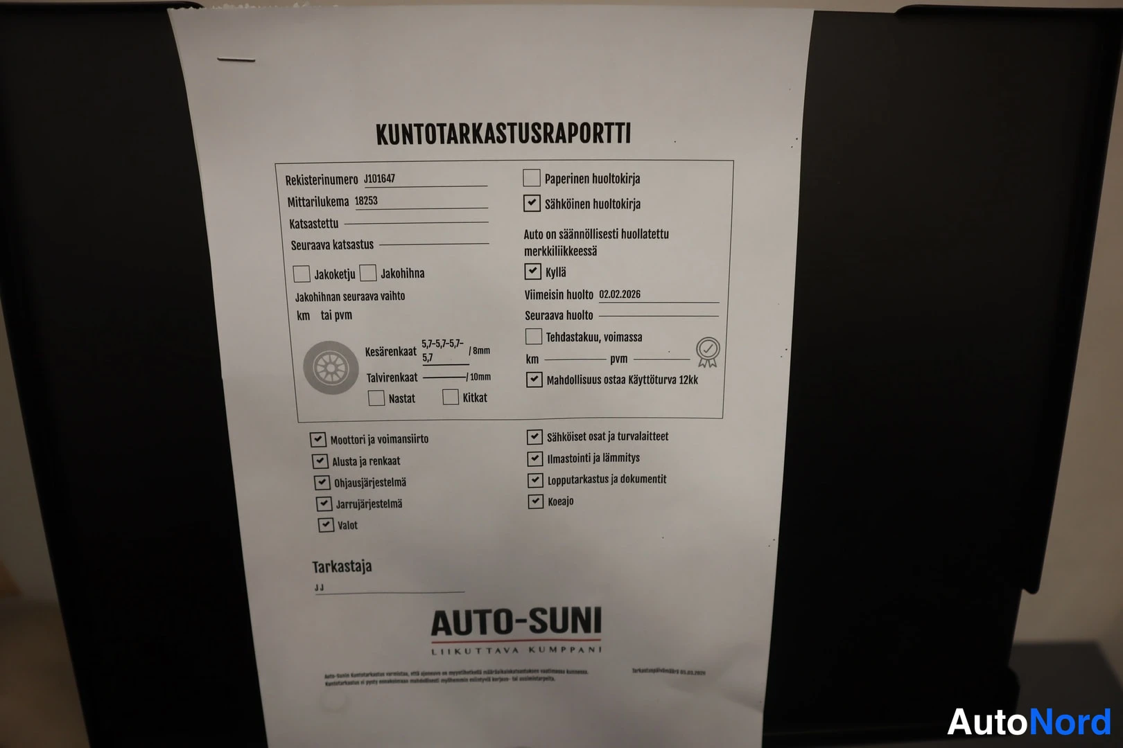 Muu: Kuntotarkastusraportti AUTO-SUNI Liikuttava Kumppani, rekisterinumero J101647, mittarilukema 18253.