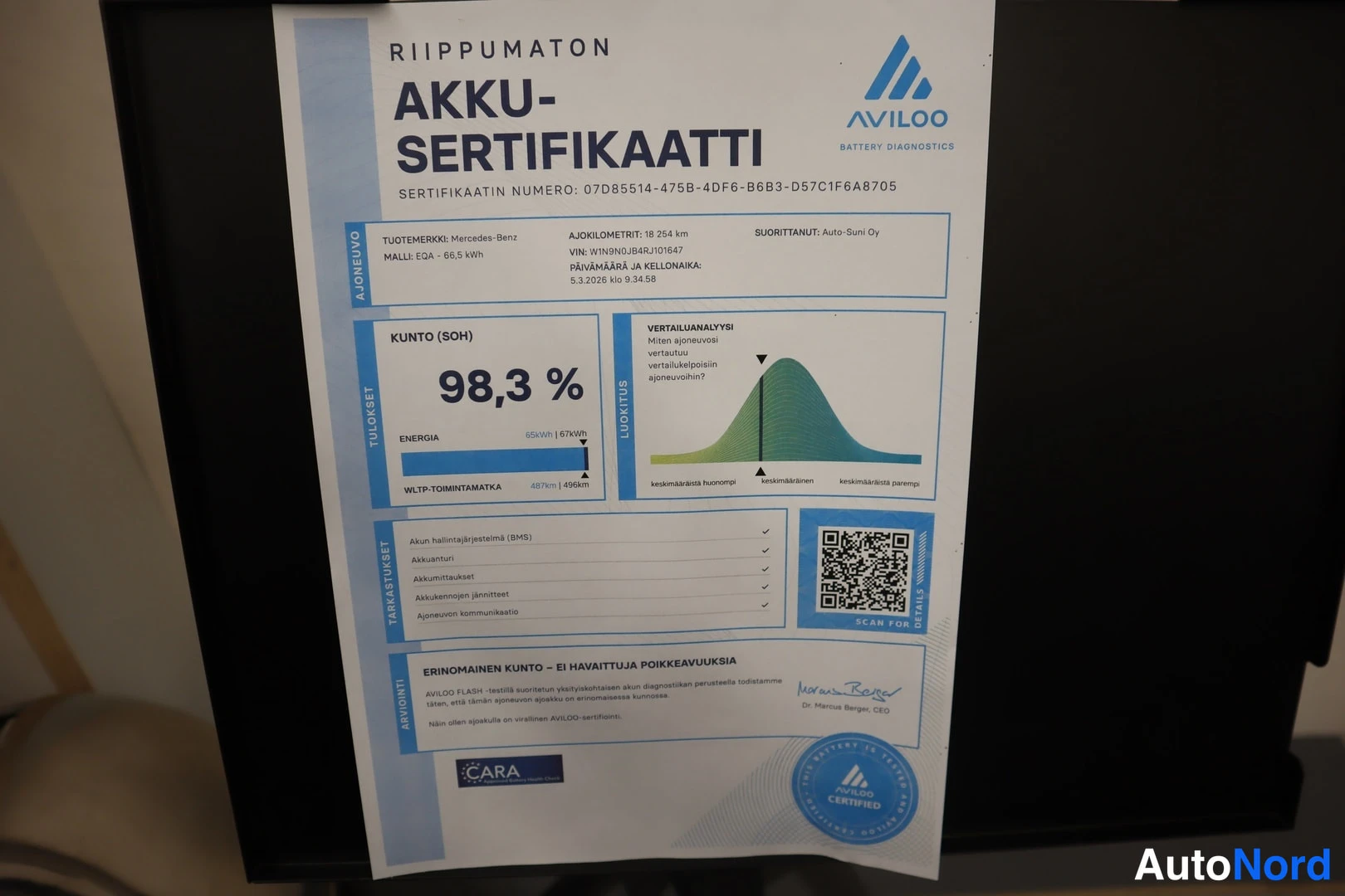 Muu: Aviloon riippumaton akkusertifikaatti Mercedes-Benz EQA 250+ 66,5 kWh -autolle, kunto (SOH) 98,3 %, ajokoIometeri 18 254 km.