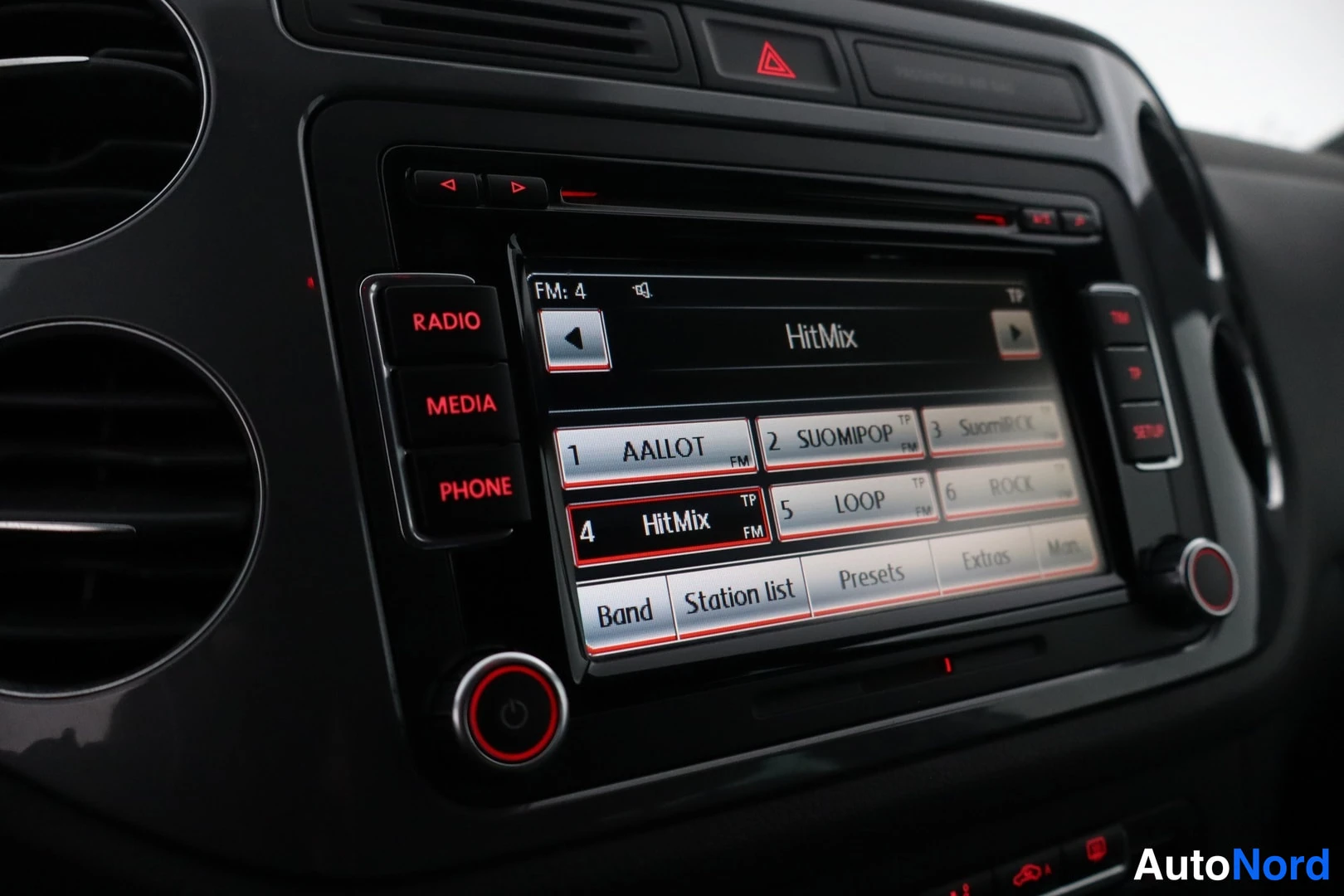 Muu: Kojelaudan infotainment-yksikkö, jonka näytöllä on FM-radioasemalista (AALLOT, SUOMIPOP, HitMix, LOOP, ROCK).