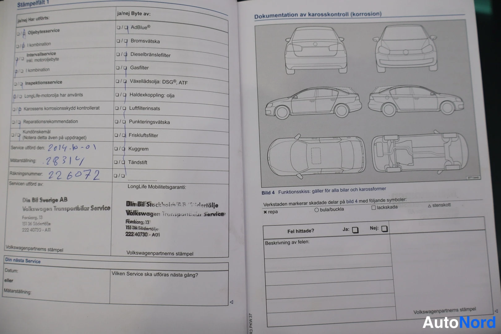 Muu: Huoltokirjan sivu, jonka leimassa huolto 2014-8-01 mittarilukema 28314.