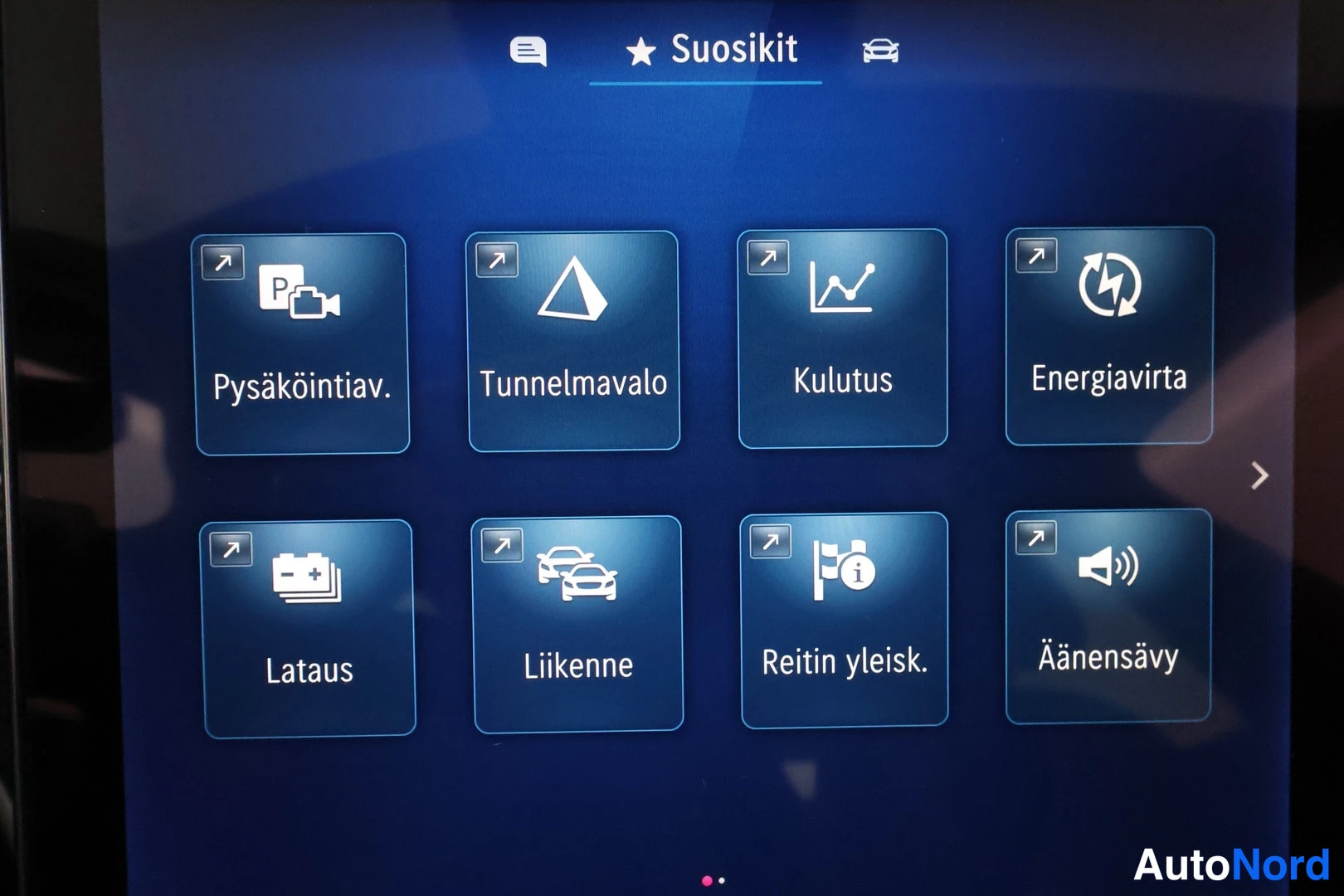 Muu: Medianäytön Suosikit-valikko, jossa kuvakkeet Pysäköintiav., Tunnelmavalo, Kulutus, Energiavirta, Lataus, Liikenne, Reitin yleisk. ja Äänensävy.