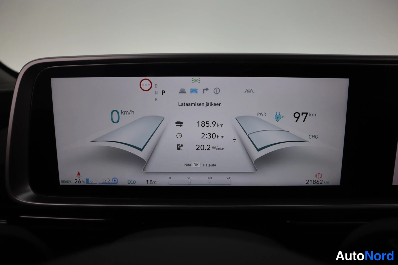 Etuistuimet: Kojetaulun latausnäkymä: 0 km/h, P, toimintasäde 97 km, lataamisen jälkeen 185.9 km, 2:30 h:m, 20.2 kWh/100km, 21862 km kokonaislukumäärä