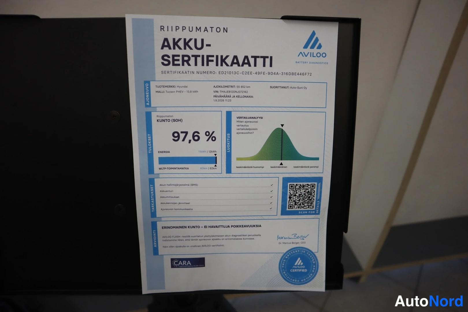 Muu: Avilon Akku-Sertifikaatti, jossa kunto (SOH) 97,6 %.