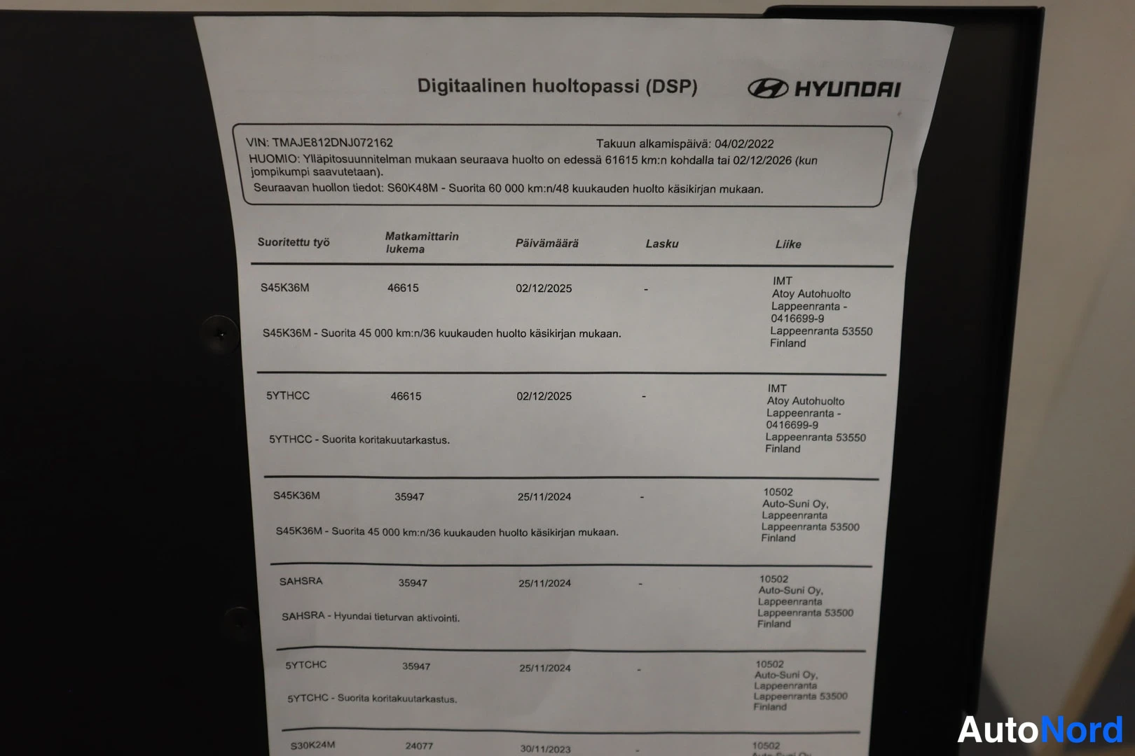 Muu: Hyundai digitaalinen huoltopassi, VIN TMAJE812DNJ072162.