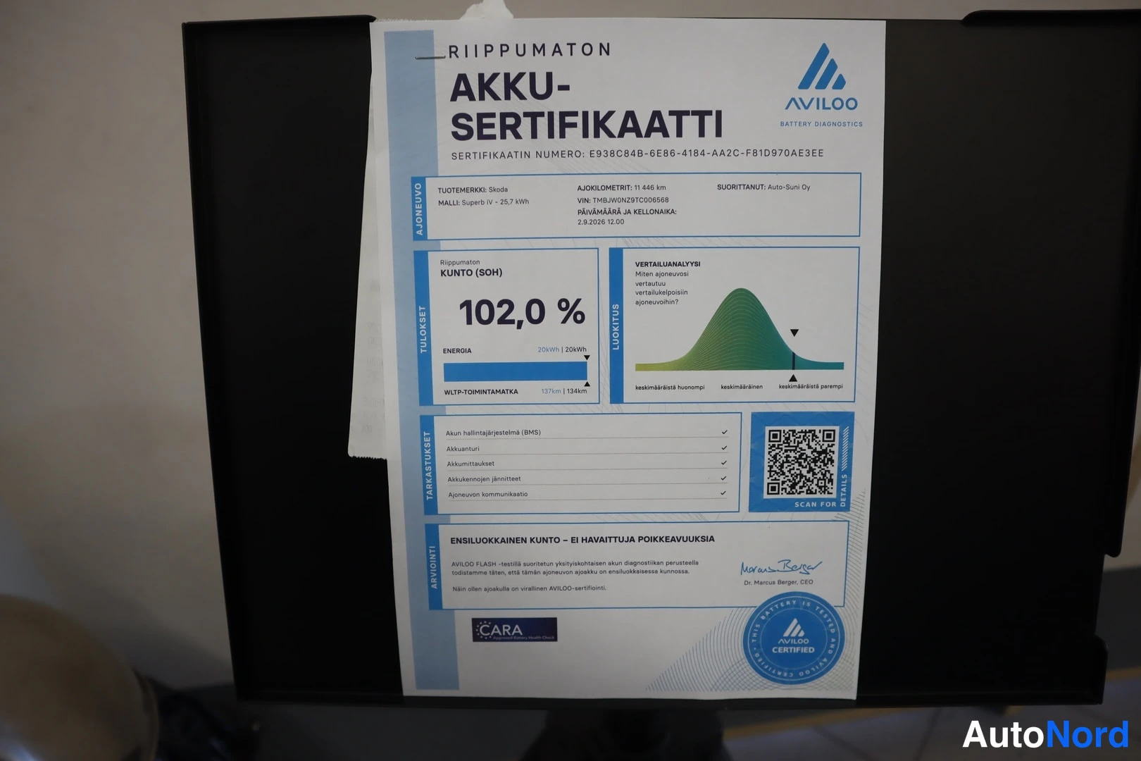 Asiakirja: Ammattikorkeakoulun Akku-sertifikaatti, Avilo Battery Diagnostics, Skoda Superb iV 95,7 kWh, akun SOH 102,0 %.