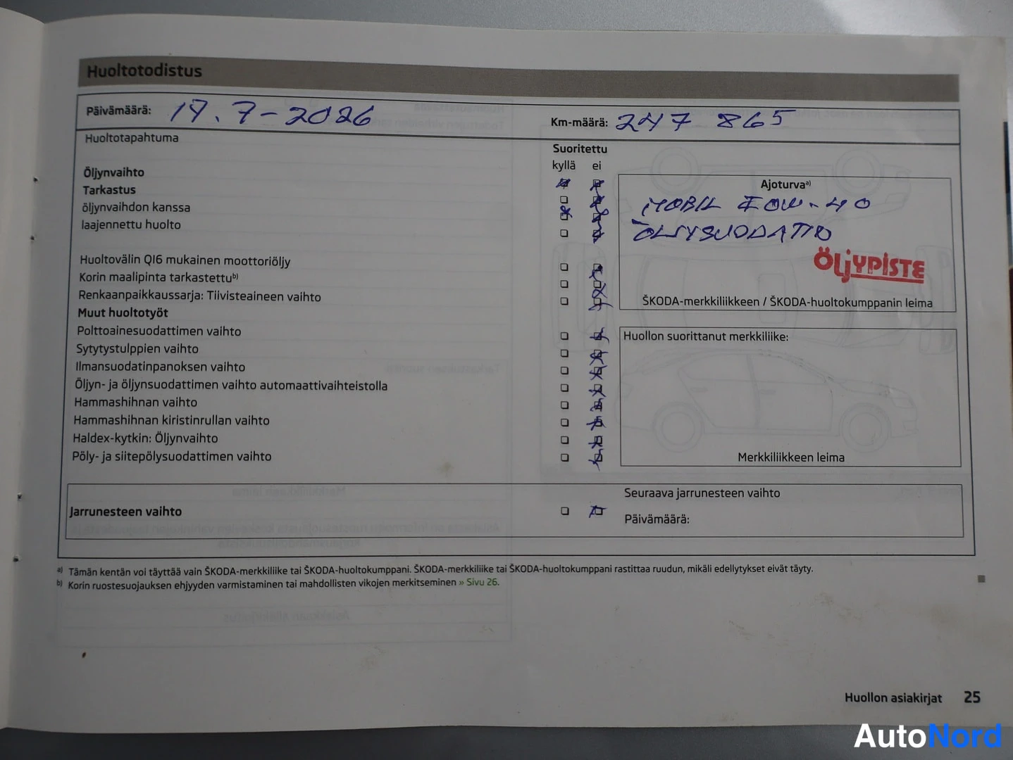 Asiakirja: Skodan huoltotodistus 17.7.2026, km 247 865, Mobil 10W-40 ja öljynsuodatin