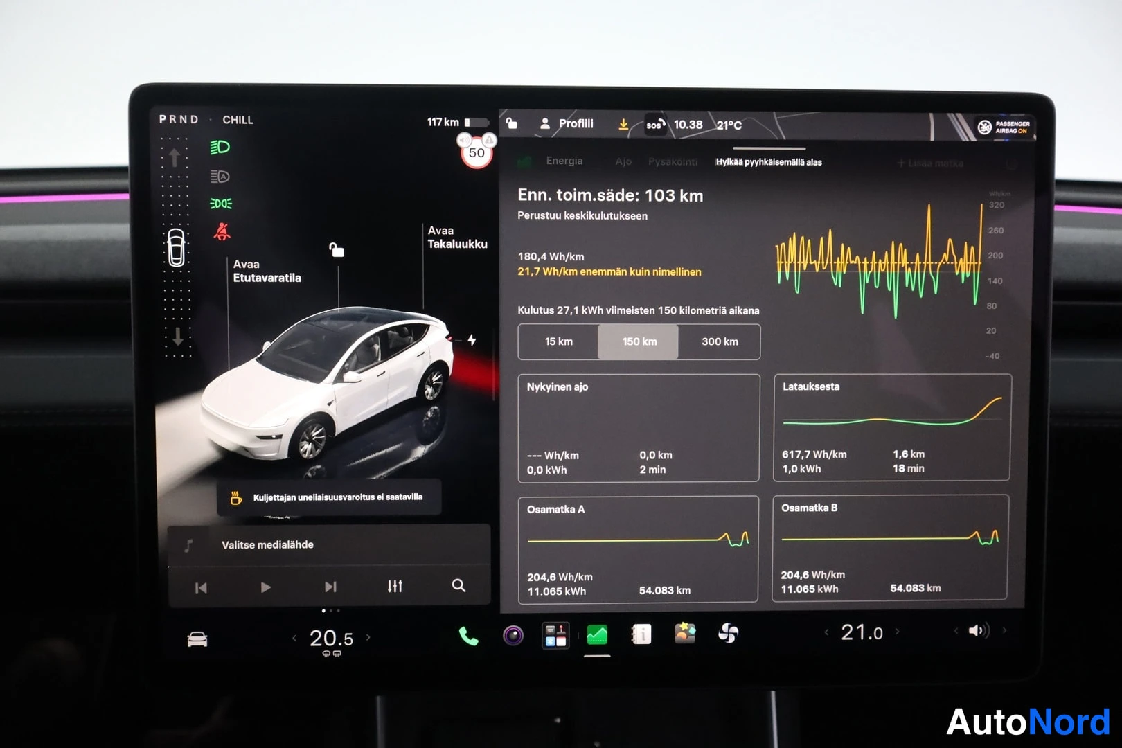 Yksityiskohta: Keskinäytön energianäkymä, jossa kulutus 27,1 kWh viimeisten 150 kilometrin aikana ja arvioitu toimintasäde 103 km.
