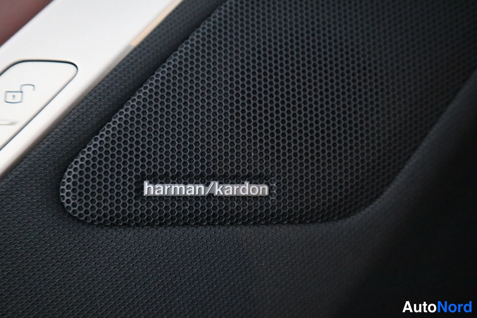 Yksityiskohta: Lähikuva auton sisätiloissa olevasta kaiuttimen verkosta, jossa on harman/kardon-tekstimerkki.