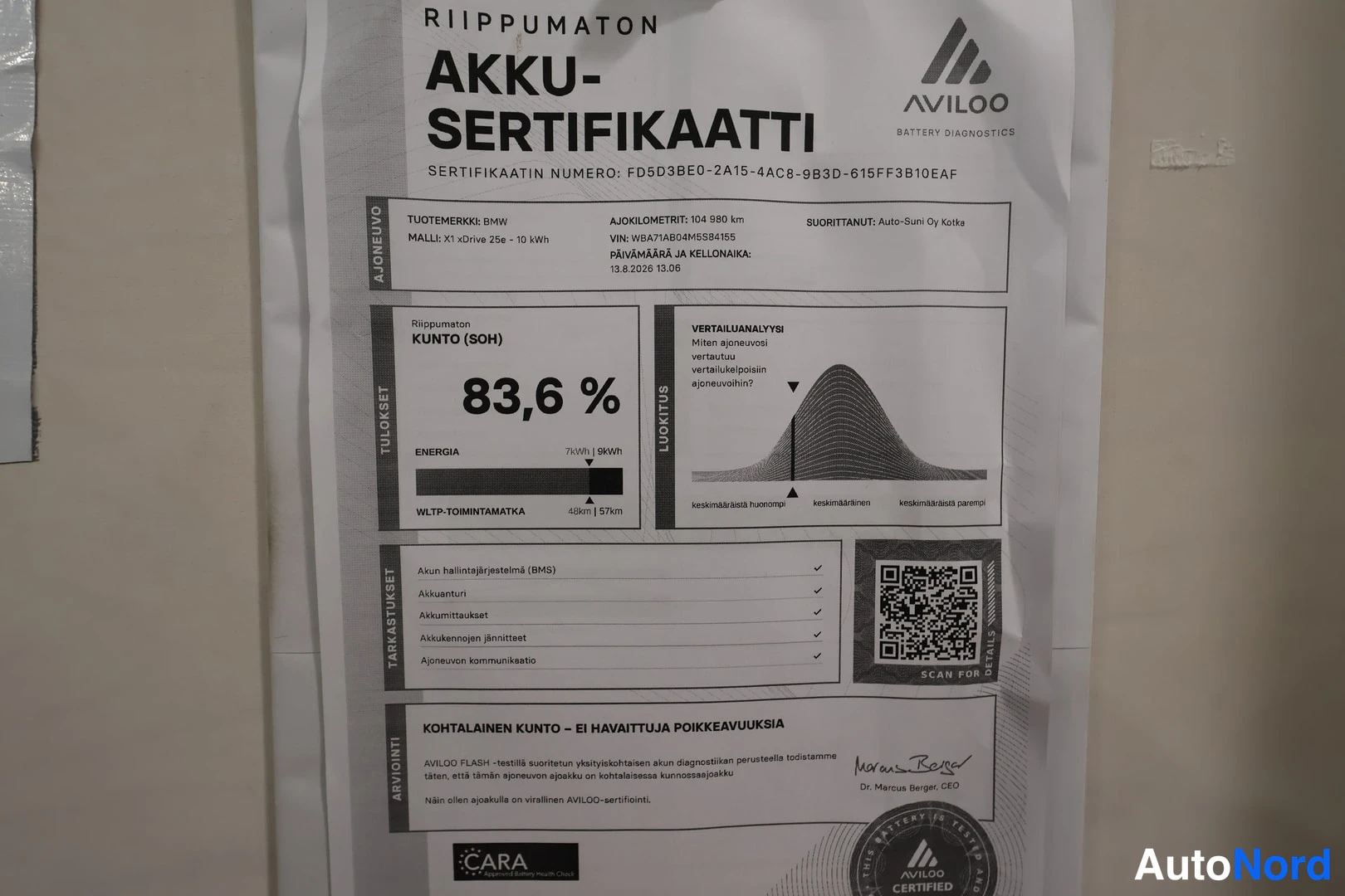 Asiakirja: Kuvasi Riippumaton Akku-Sertifikaatti (Aviloo Battery Diagnostics) -paperia. Todistuksen yläosassa on teksti TUOTEMERKKI: BMW, MALLI: X1 xDrive 25e - 10 kWh, AJ
