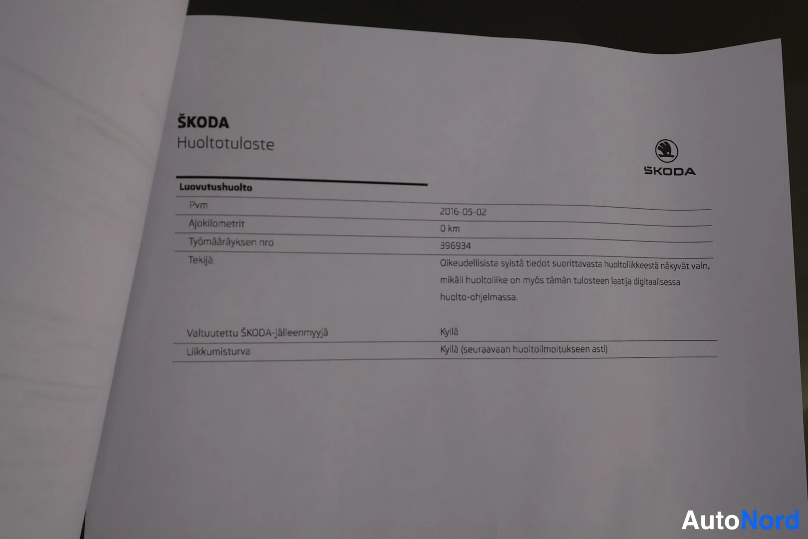 Asiakirja: Service record document showing 'ŠKODA Huoltotuloste', inspection date 2016-05-02 and mileage 0 km