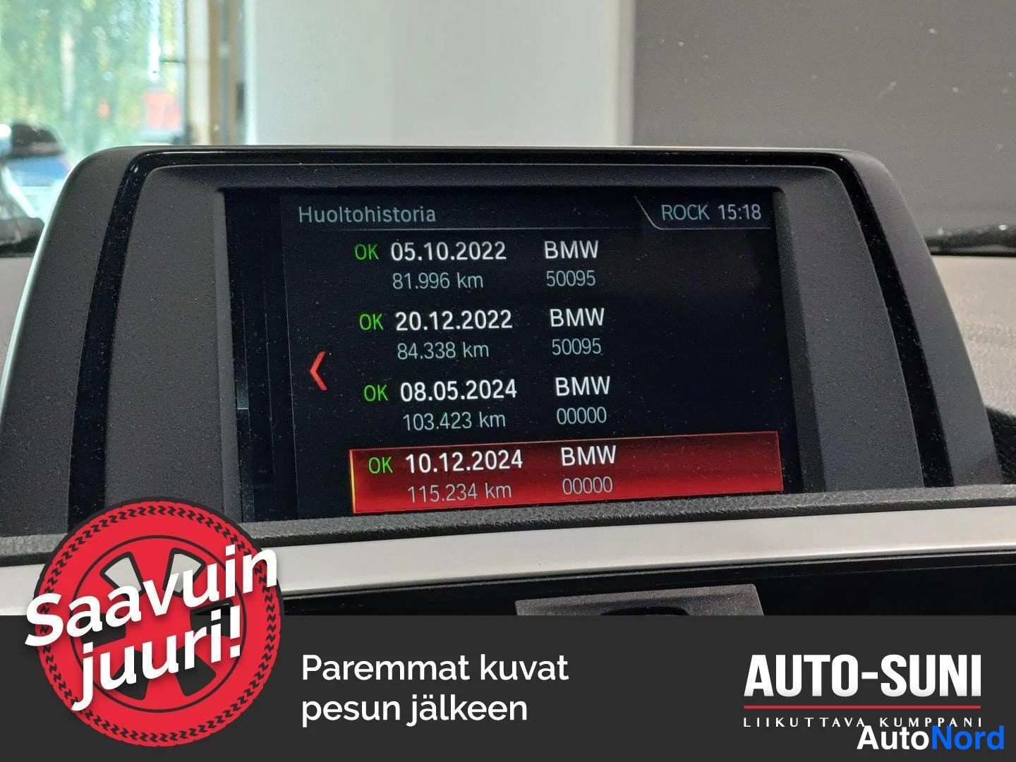 Ohjaamo: Jatkoa auton huoltotietojen ('Huoltohistoria') listaukselle. Näytöllä lukee seuraavat huollot: 05.10.2022 (81.996 km), 20.12.2022 (84.338 km), 08.05.2024 (103.4