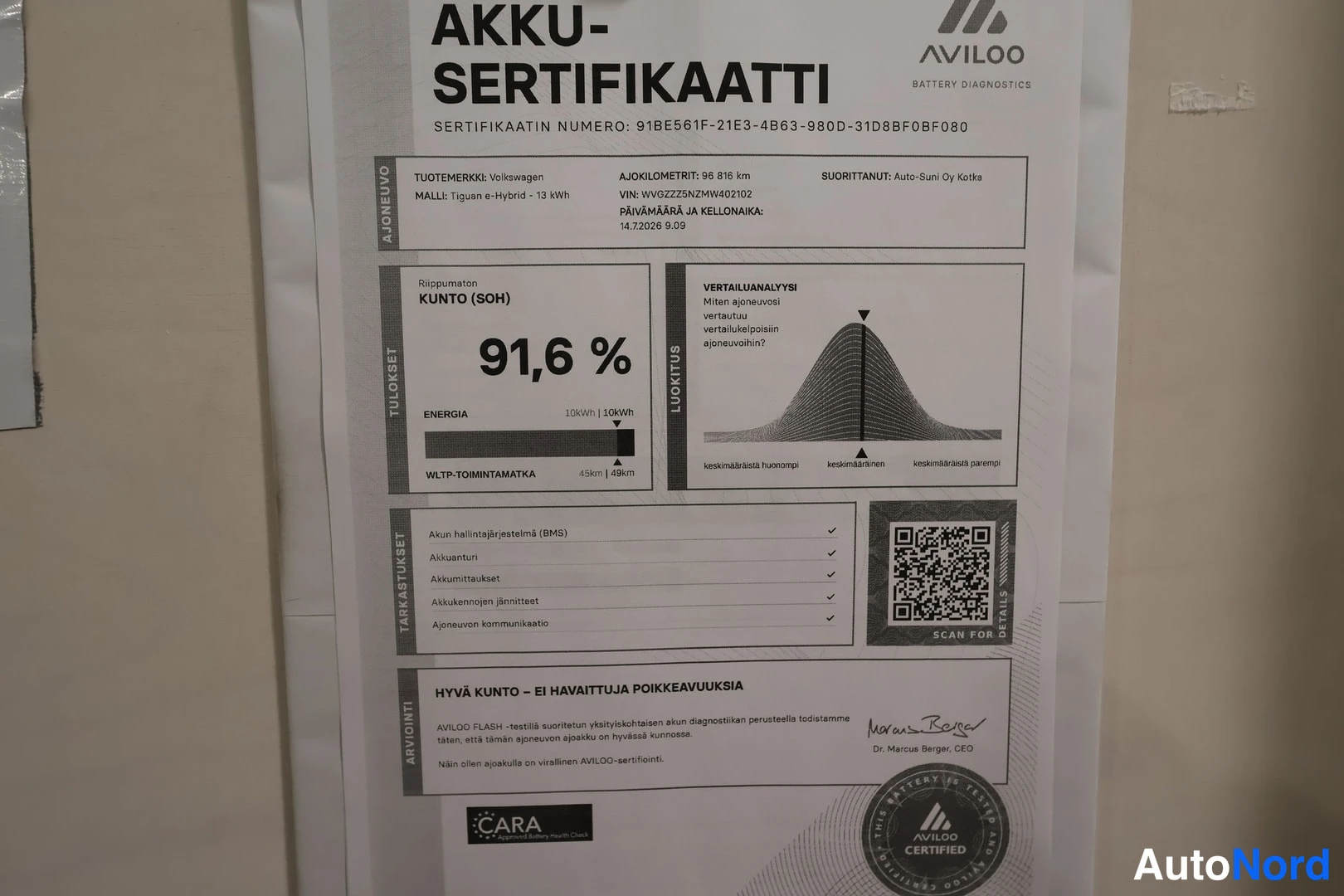 Asiakirja: A document titled AKKU-SERTIFIKAATTI (Battery Certificate) by AVILOO. It shows the vehicle's battery SOH as 91,6% and total mileage as 96 810 km. The model is l