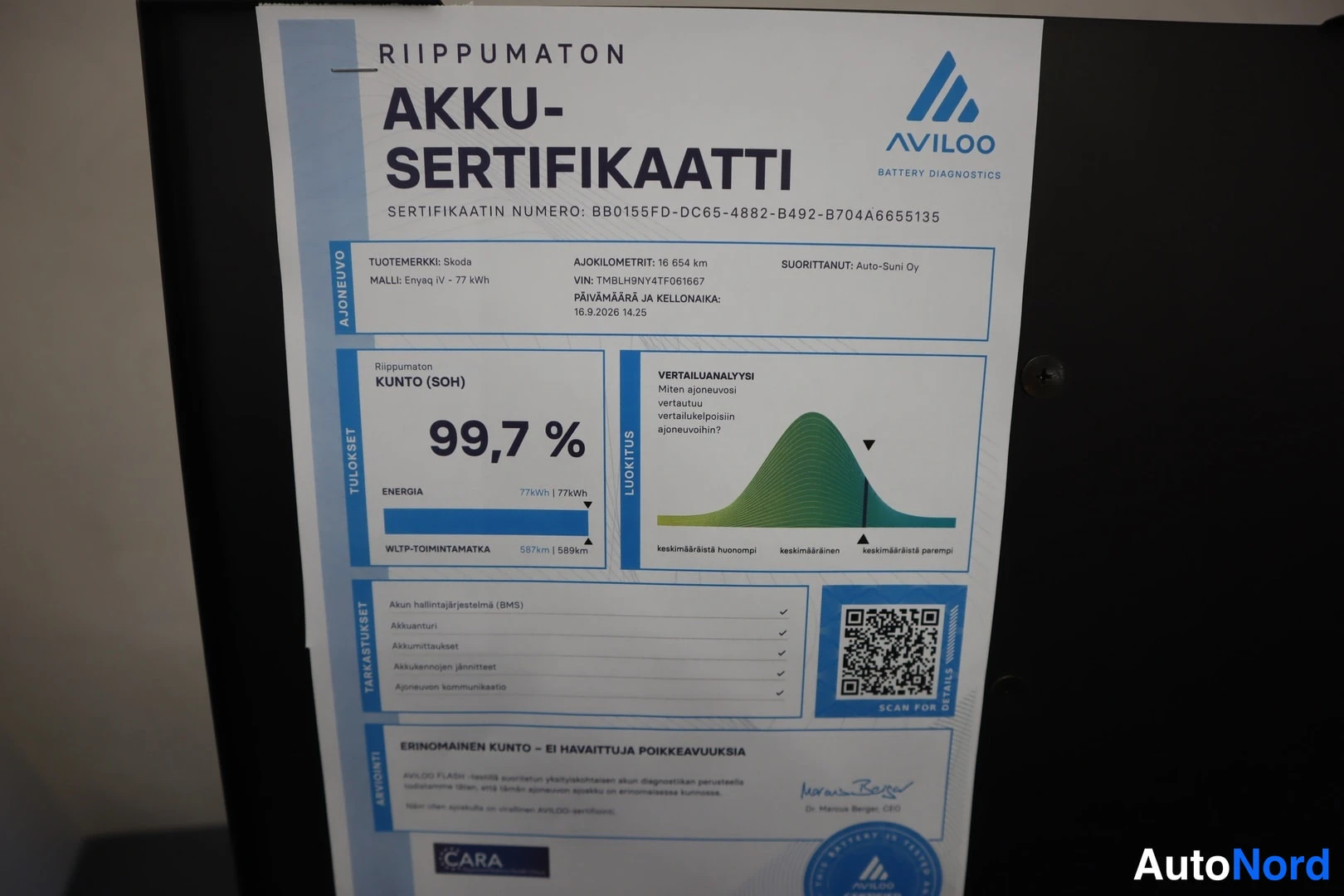 Muu: Aviloo-yhtiön riippumaton akkusertifikaatti, jossa akun kunto 99,7 %.