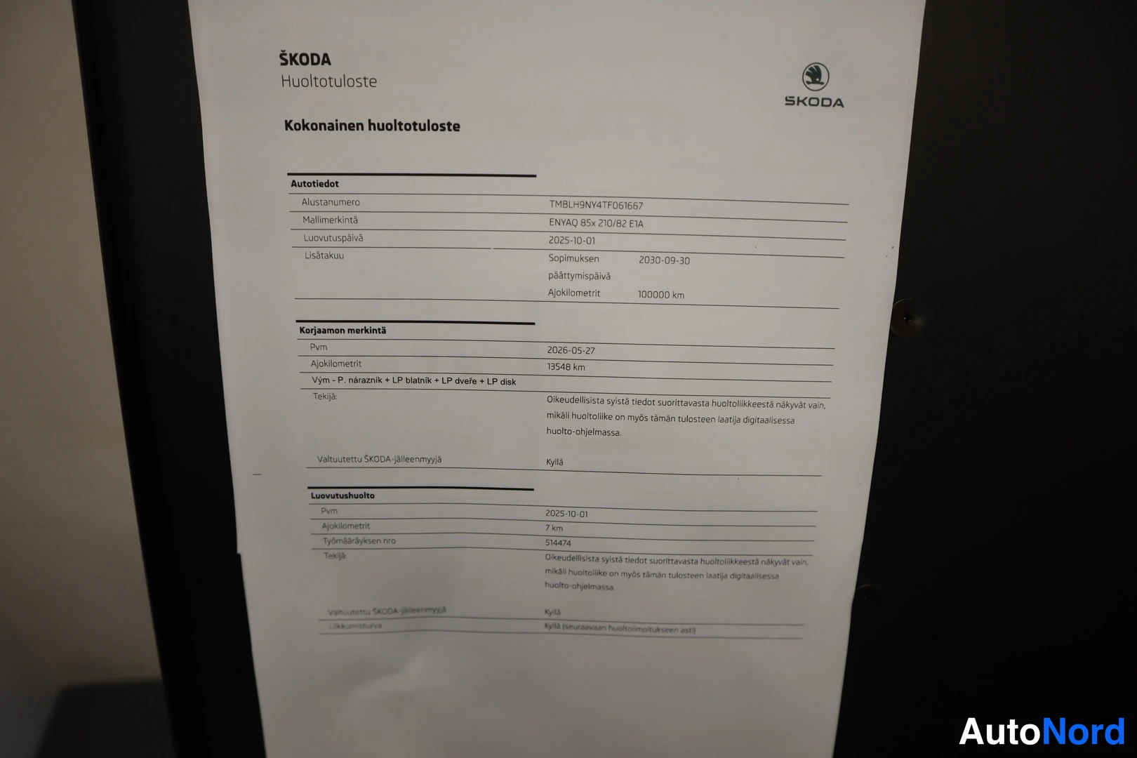 Muu: Škodan huoltotuloste, kokonainen huoltotuloste ENYAQ 85x 210/82 E1A -autolle.