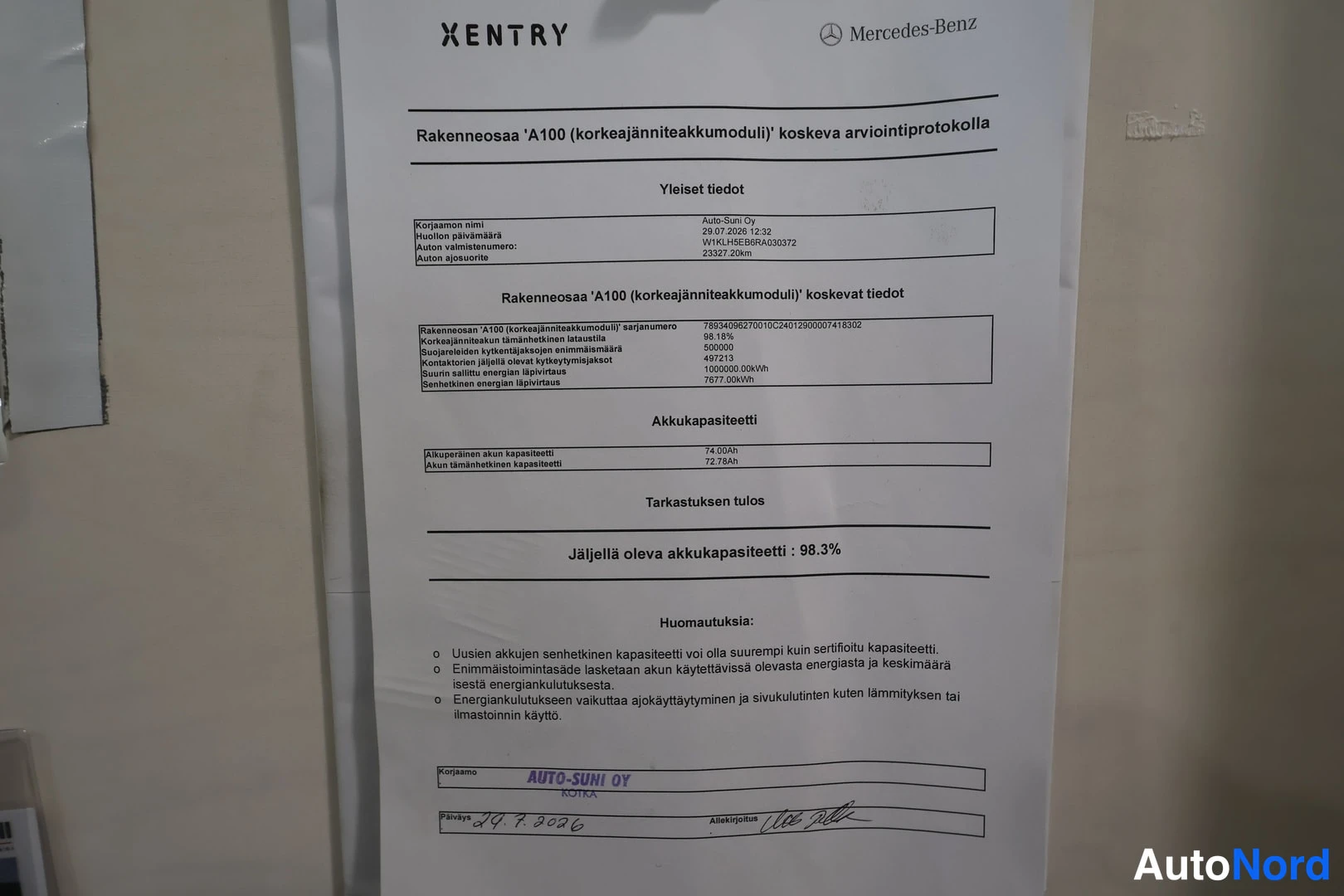 Muu: Mercedes-Benz XENTRY-tuloste: rakennetyypin 'A100 (korkeajänniteakkumoduuli)' koskeva arviointiprotokolla, jossa akkukapasiteettitiedot ja tarkastuksen tulos 'J