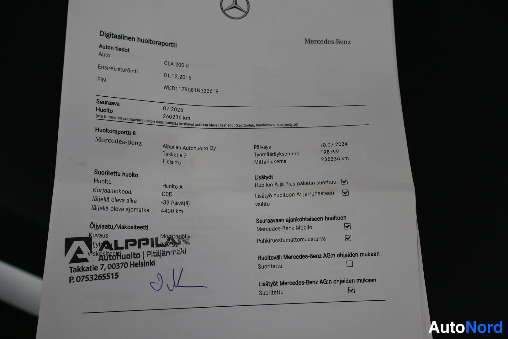 Muu: Mercedes-Benzin digitaalinen huoltoraportti, jossa näkyvät auton tiedot, seuraava huolto ja huoltoraportti 8 10.7.2024.