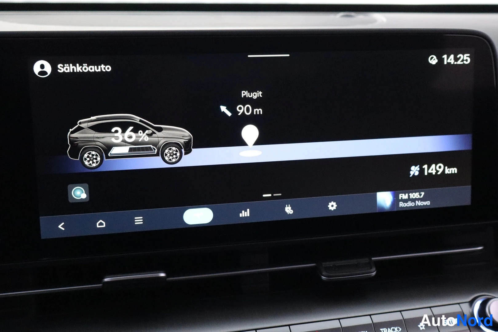 Muu: Auton infotainment-näyttö näyttää sähköauton lataustilanteen: akku 36 prosenttia, toimintasäde 149 km ja Plugit-latauspiste 90 metrin päässä. Näytössä myös FM 1