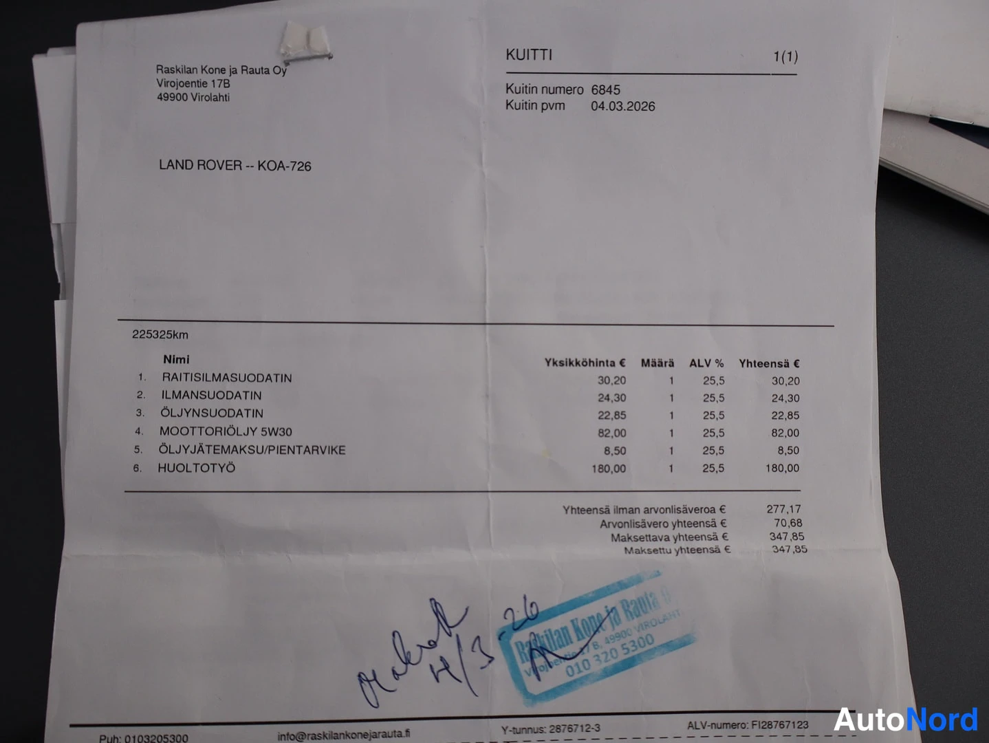 Muu: Huoltokuitti Land Rover -autosta, Raskilan Kone ja Rauta Oy, pvm 04.03.2026, kulut 277,17 € ilman ALVia.