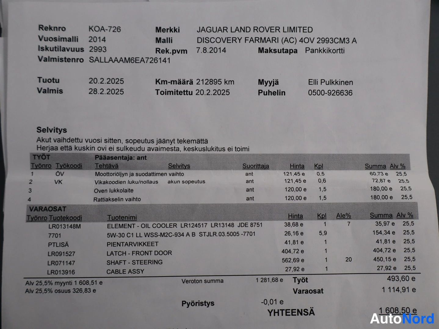 Muu: Workshop invoice for Jaguar Land Rover Limited Discovery, year 2014, mileage 212895 km, repairs total 1608.50 €, part items include LATCH - FRONT DOOR and SHAFT