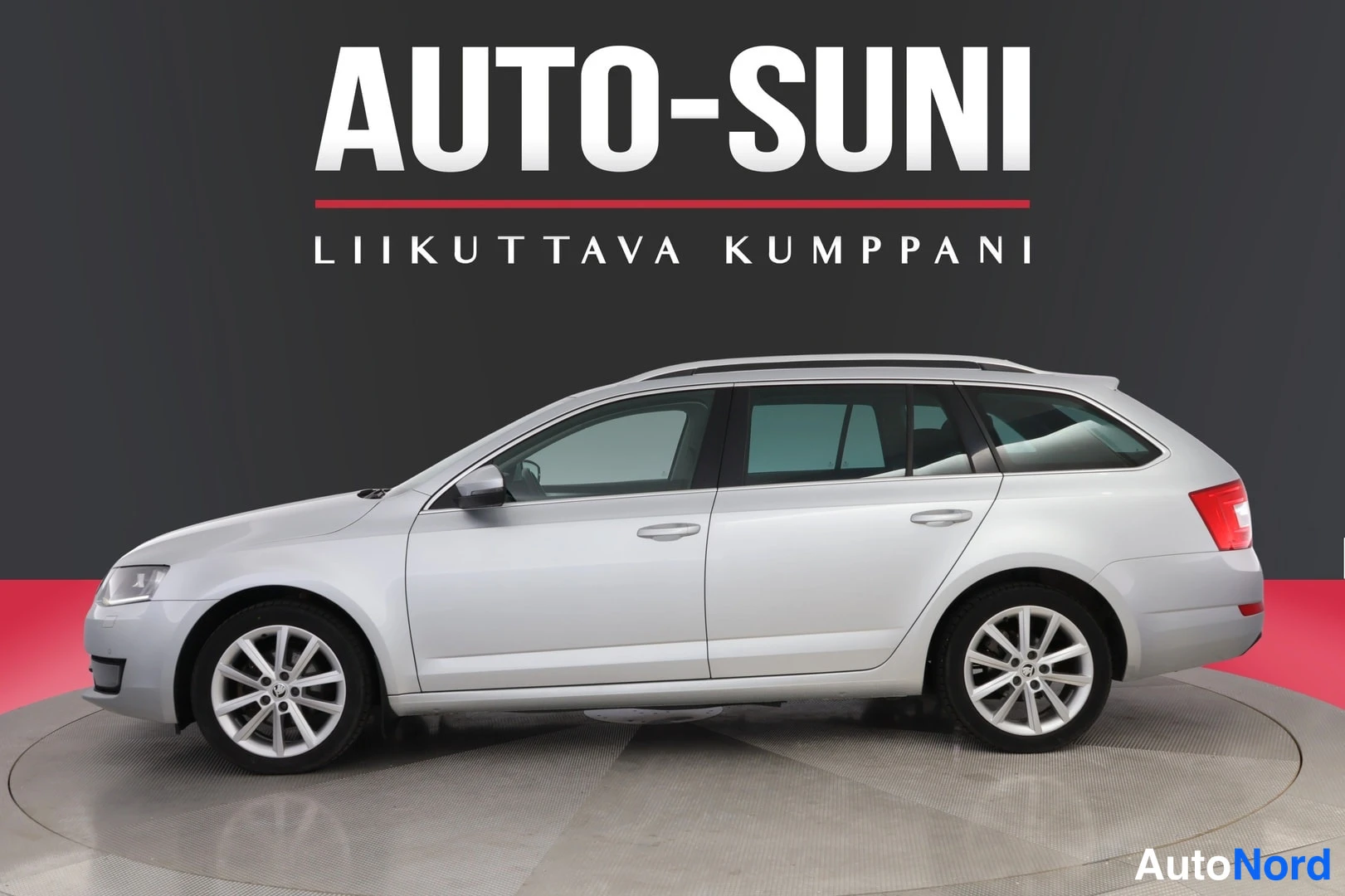 Sivulta: Hopeanhaarainen farmariauto sivulta vasemmasta kulmasta, keulasuunta kuvan vasemmassa reunassa.