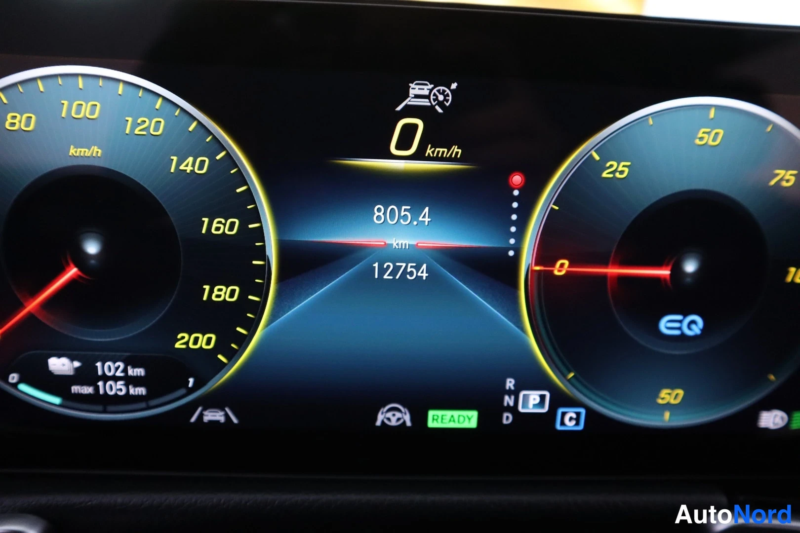 Etuviisto, nokka oikealle: Mercedes EQ:n digitaalinen mittaristo: nopeusmittari, tehomittari, matka 12754 km, pitoisuus 805,4 km ja READY-merkki.