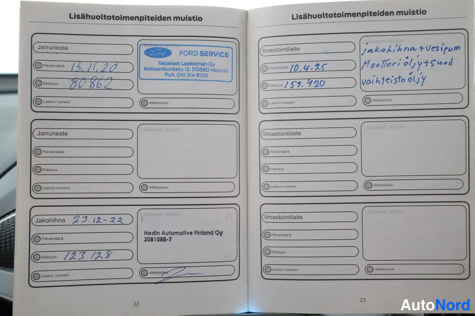 Muu: Huoltokirjan sivut 'Lisähuoltotoimenpiteiden muistio' merkinnöillä: jarruneste, jakohihna ja ilmastointilaite.