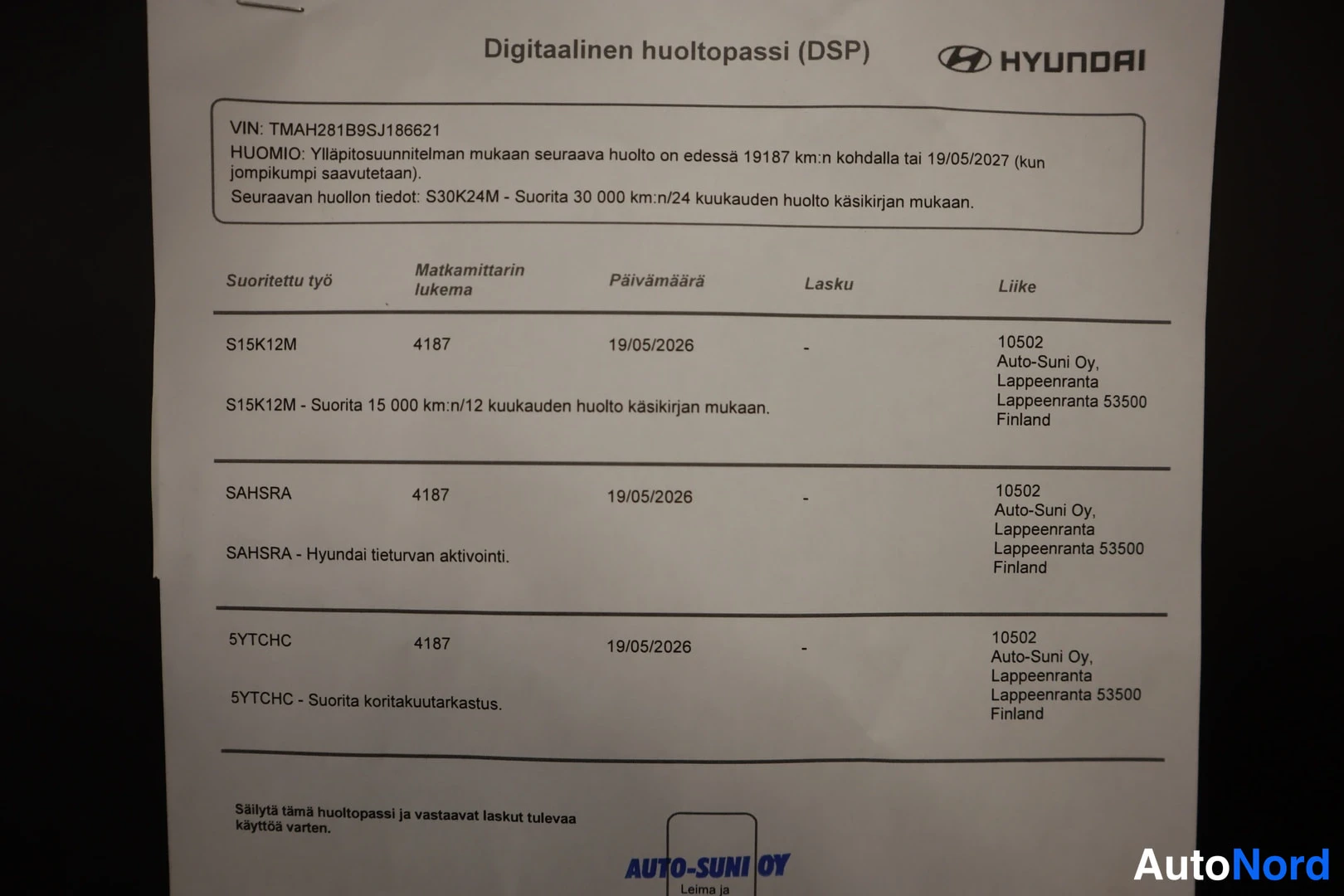Asiakirja: Digitaalinen huoltokirja (DSP) Hyundai-merkinnöillä huoltoista 19.05.2026, matkamittari 4187 km.