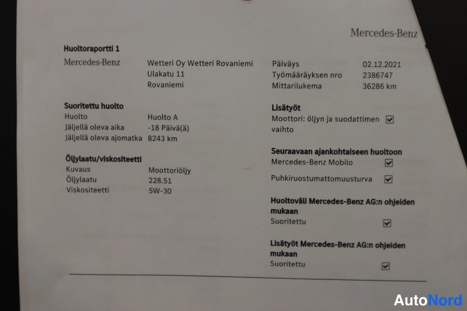 Muu: Huoltoraportti 1, jossa Mercedes-Benz Wetteri Rovaniemen suorittama Huolto A 02.12.2021 mittarilukemalla 36286 km.